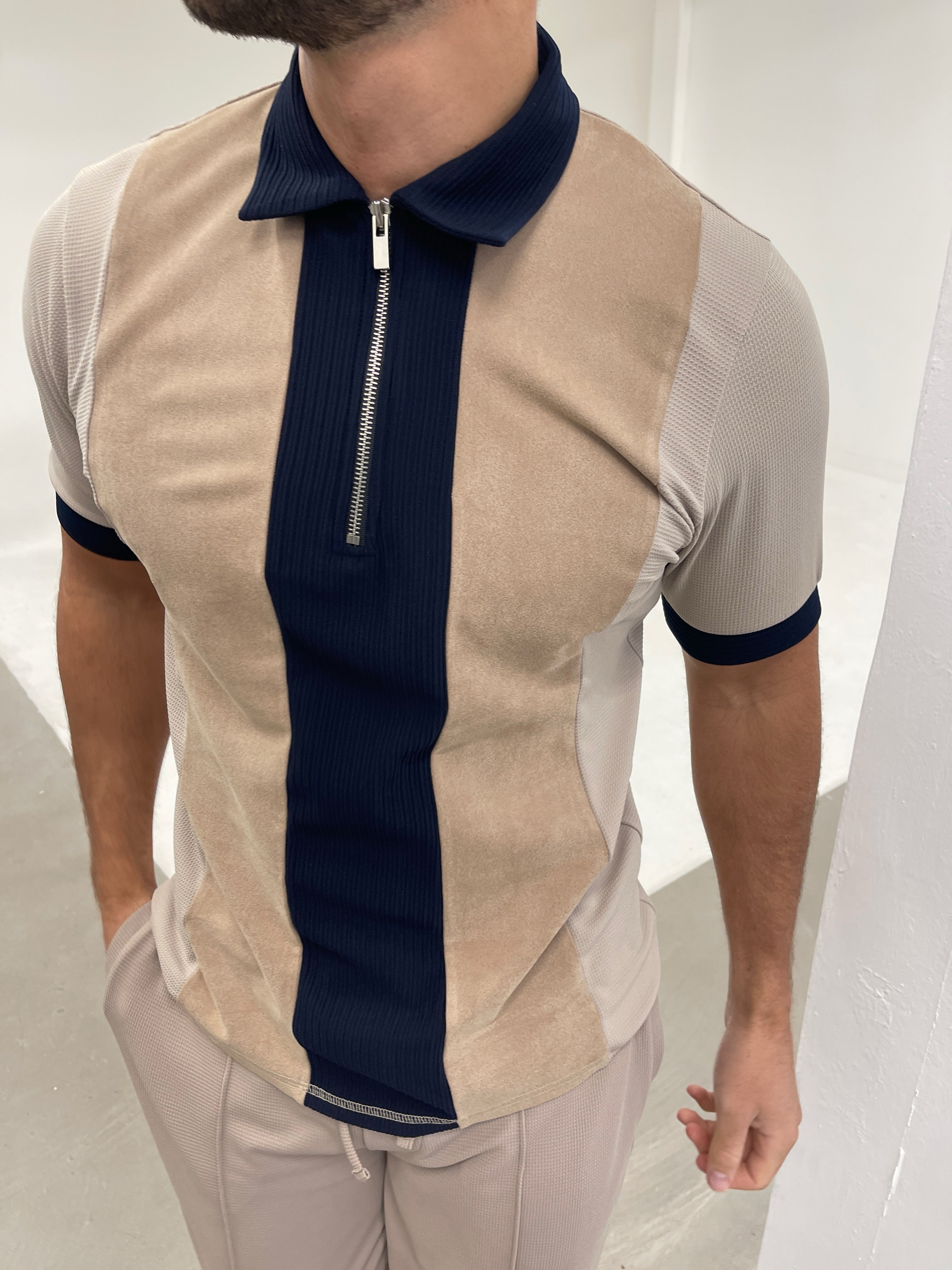 Cruz Zip Polo Navy/ Beige