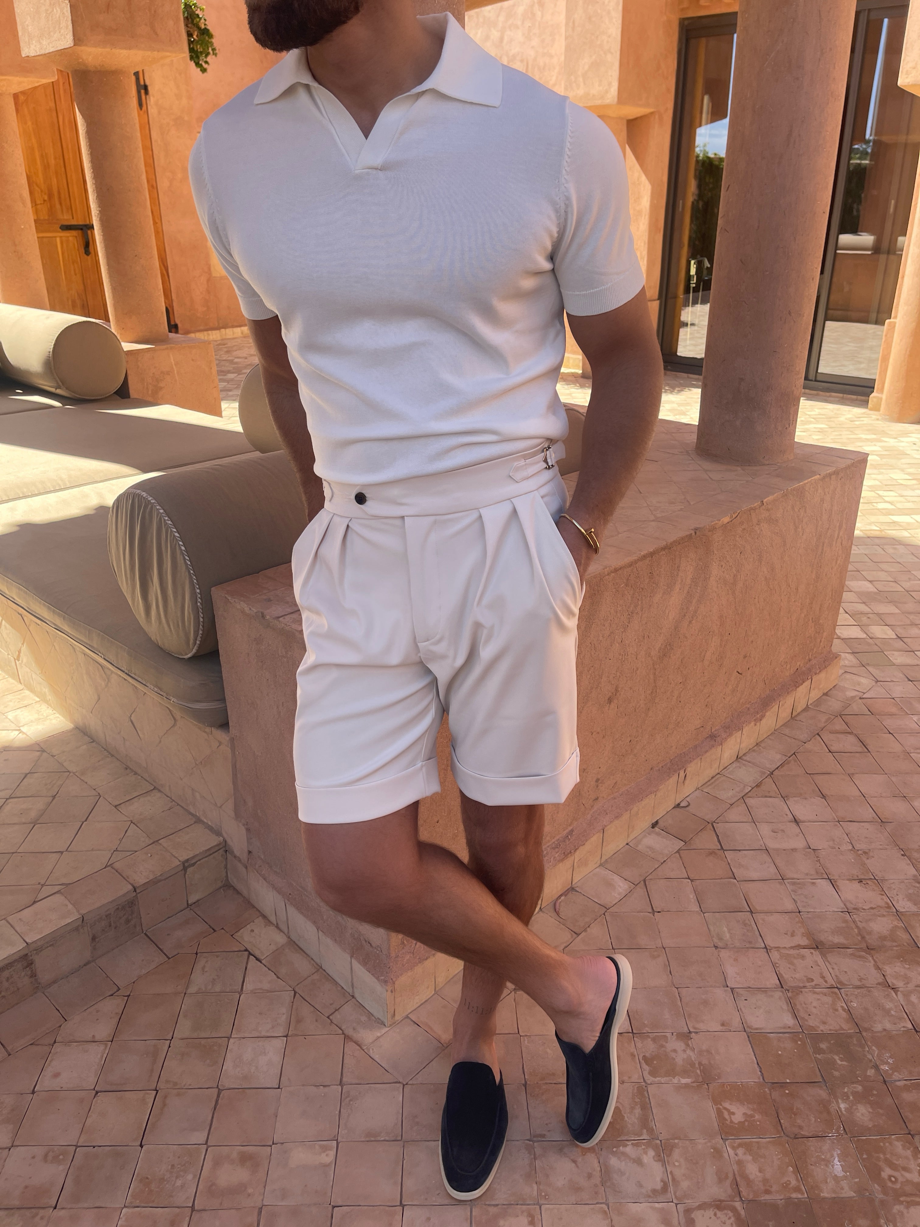 Beige Oxford Pleated Shorts