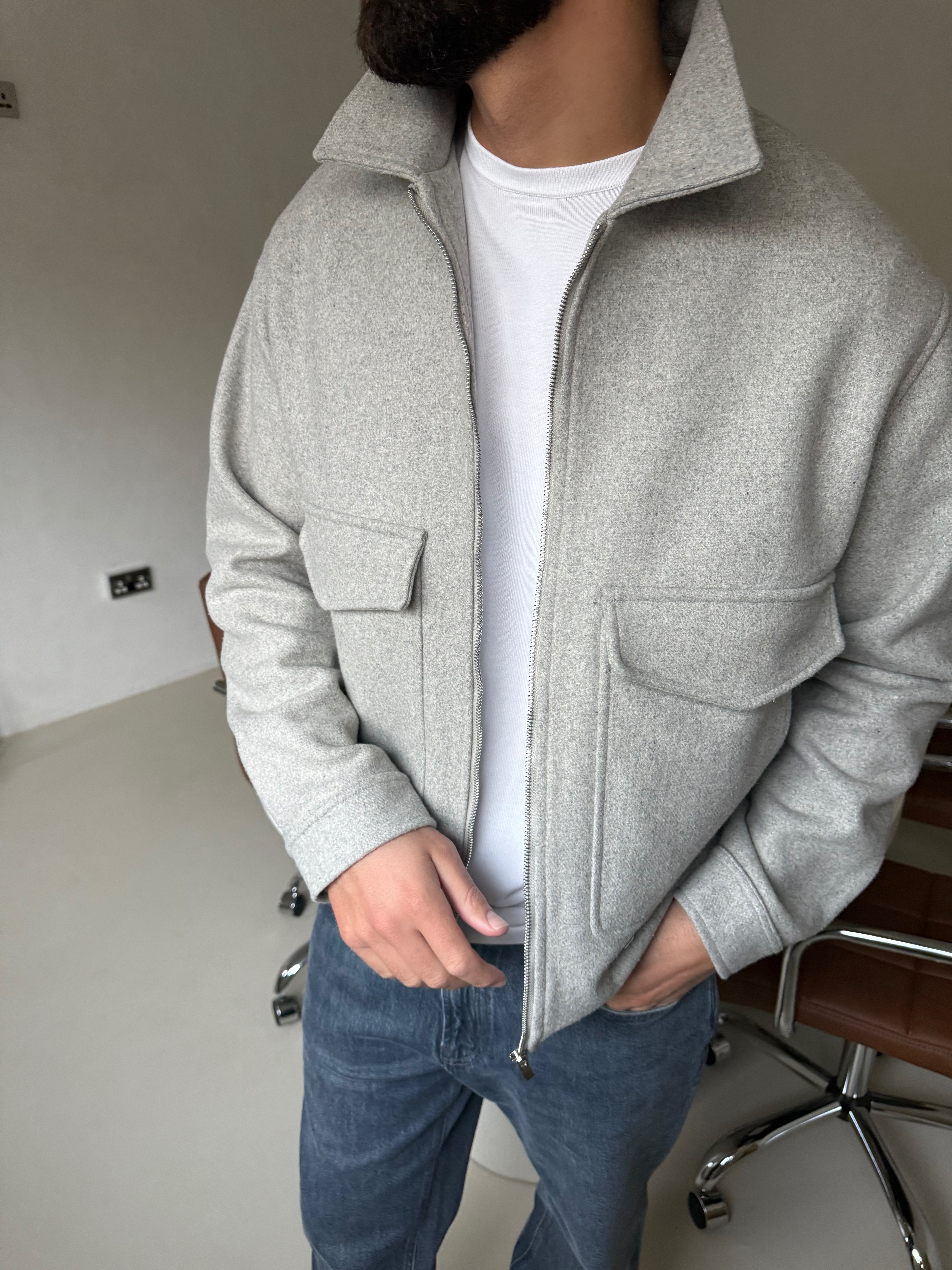 WOOL ZIP BLOUSON JACKET GREY