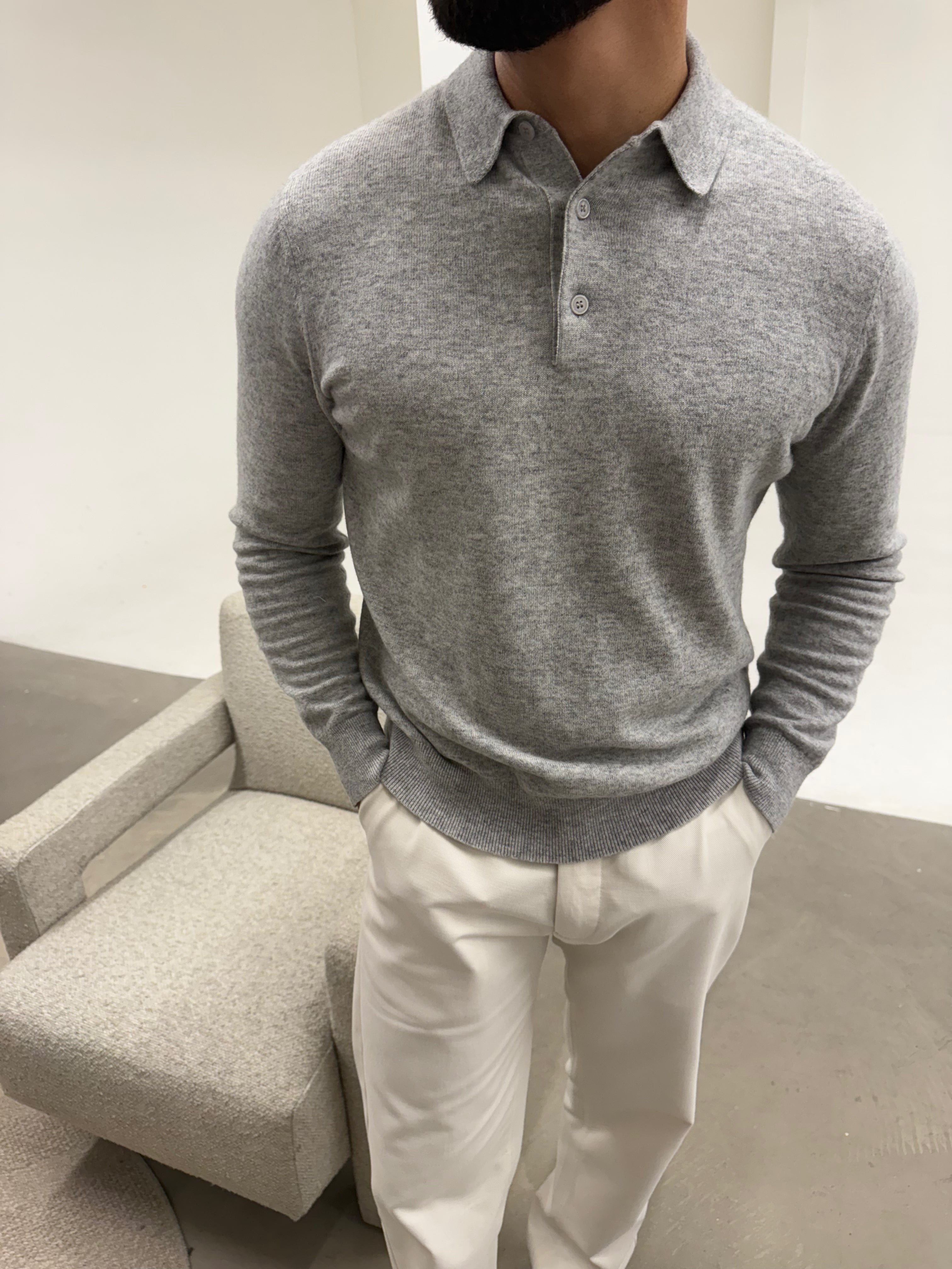 KNIT BUTTON POLO LIGHT GREY
