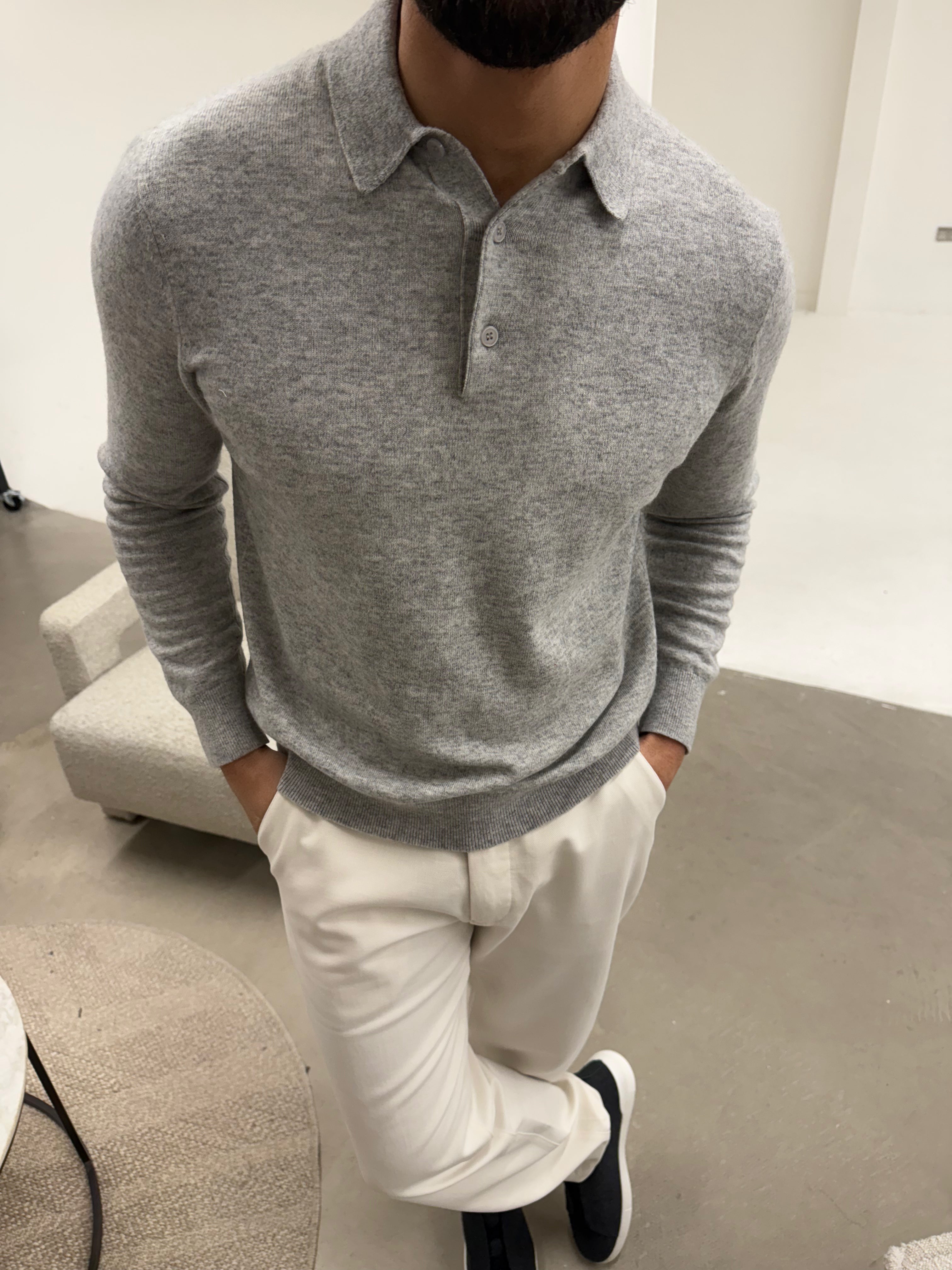 KNIT BUTTON POLO LIGHT GREY