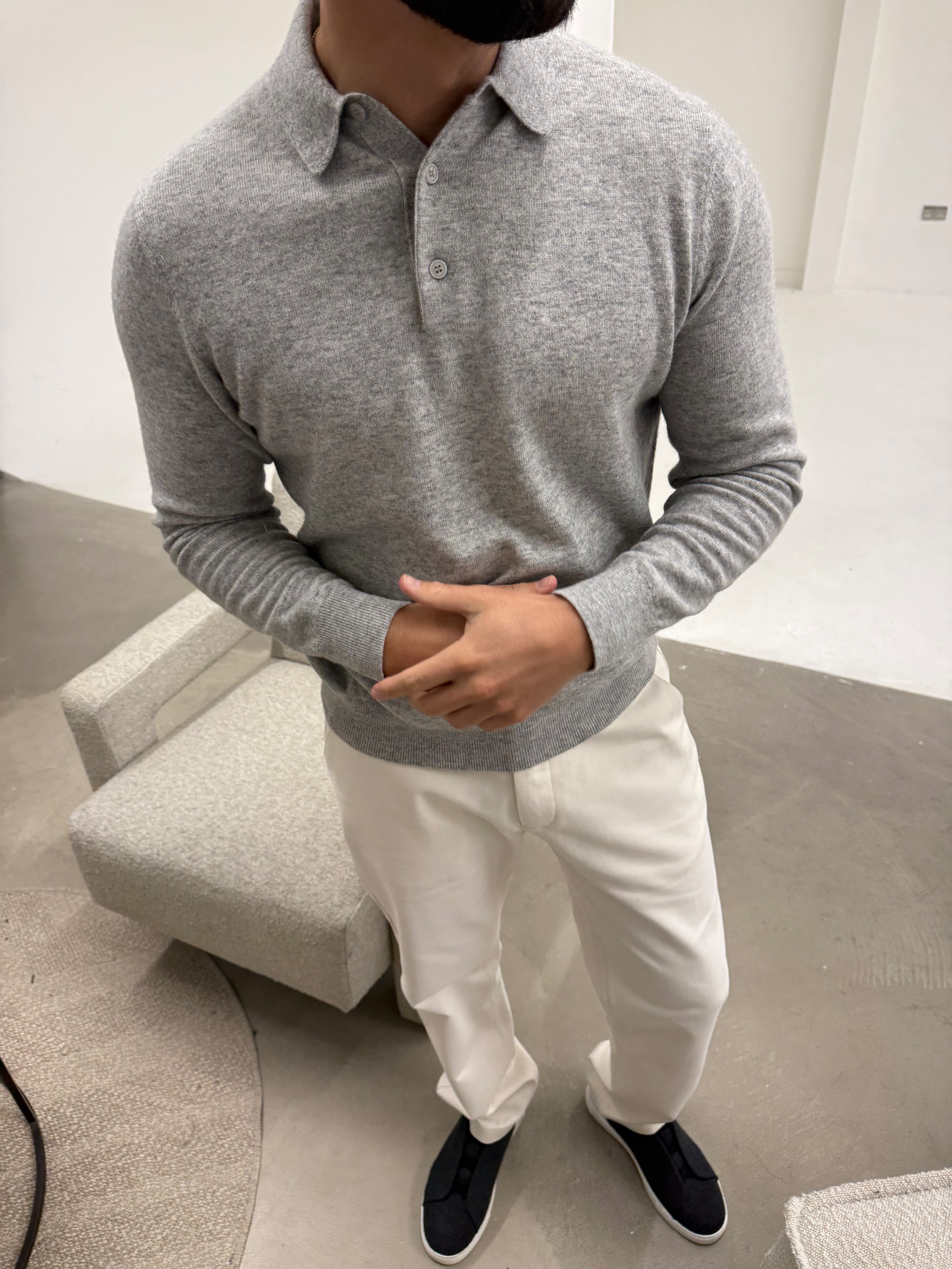 KNIT BUTTON POLO LIGHT GREY