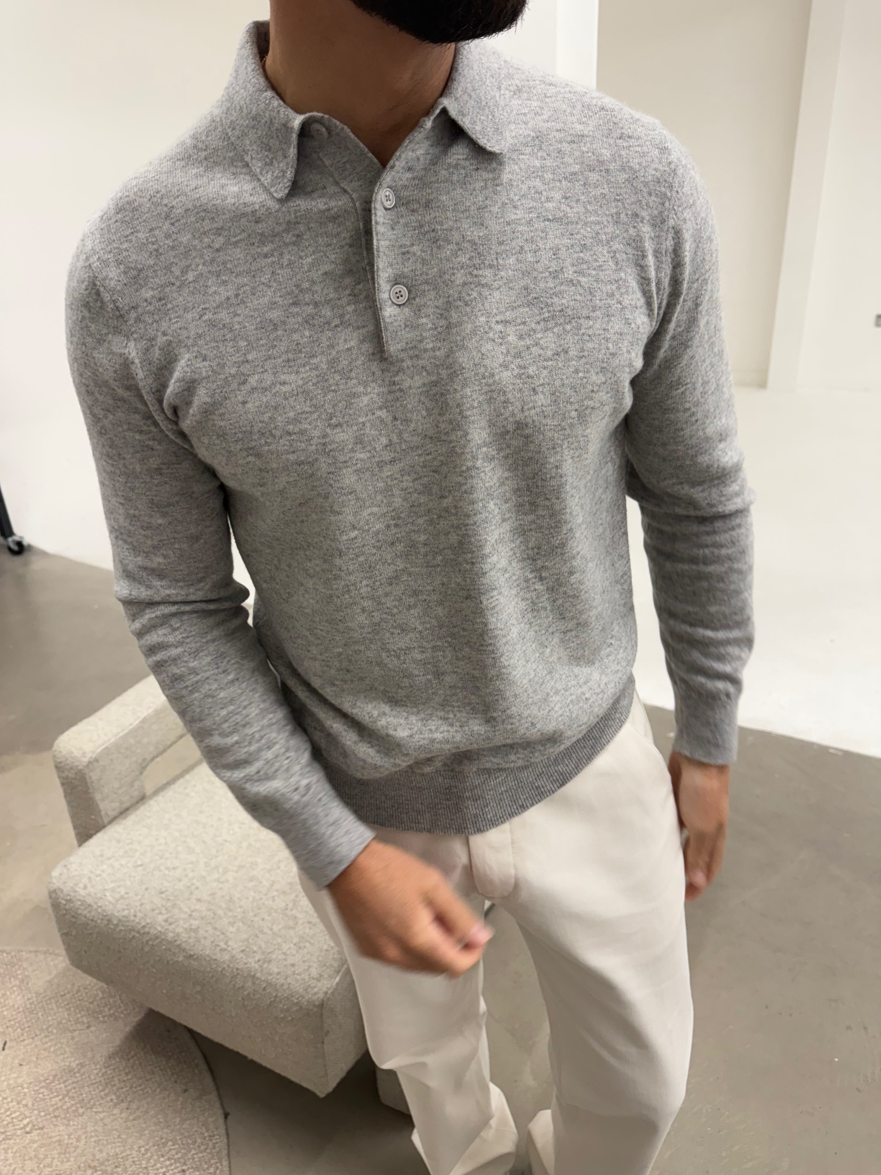 KNIT BUTTON POLO LIGHT GREY