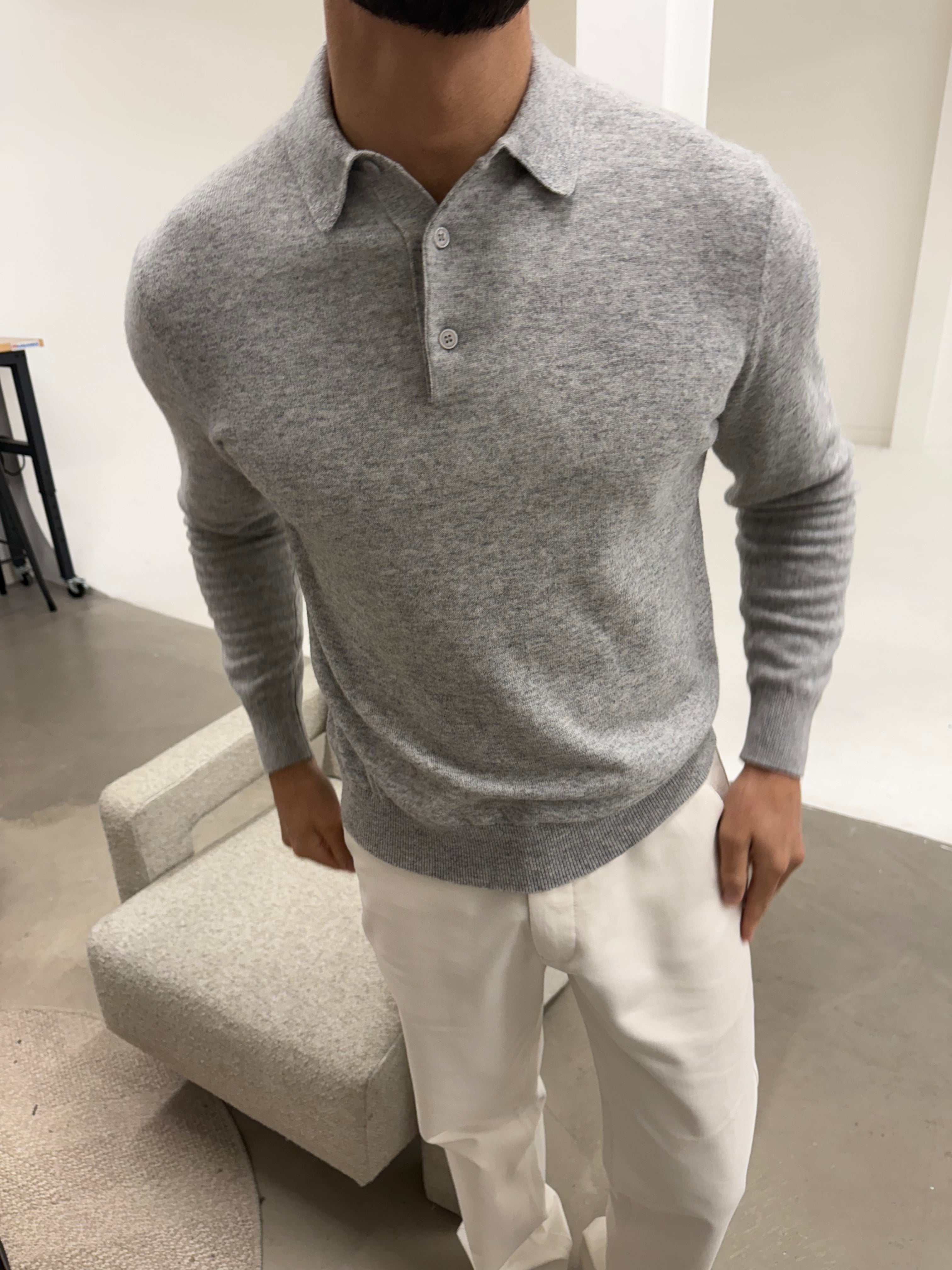 KNIT BUTTON POLO LIGHT GREY