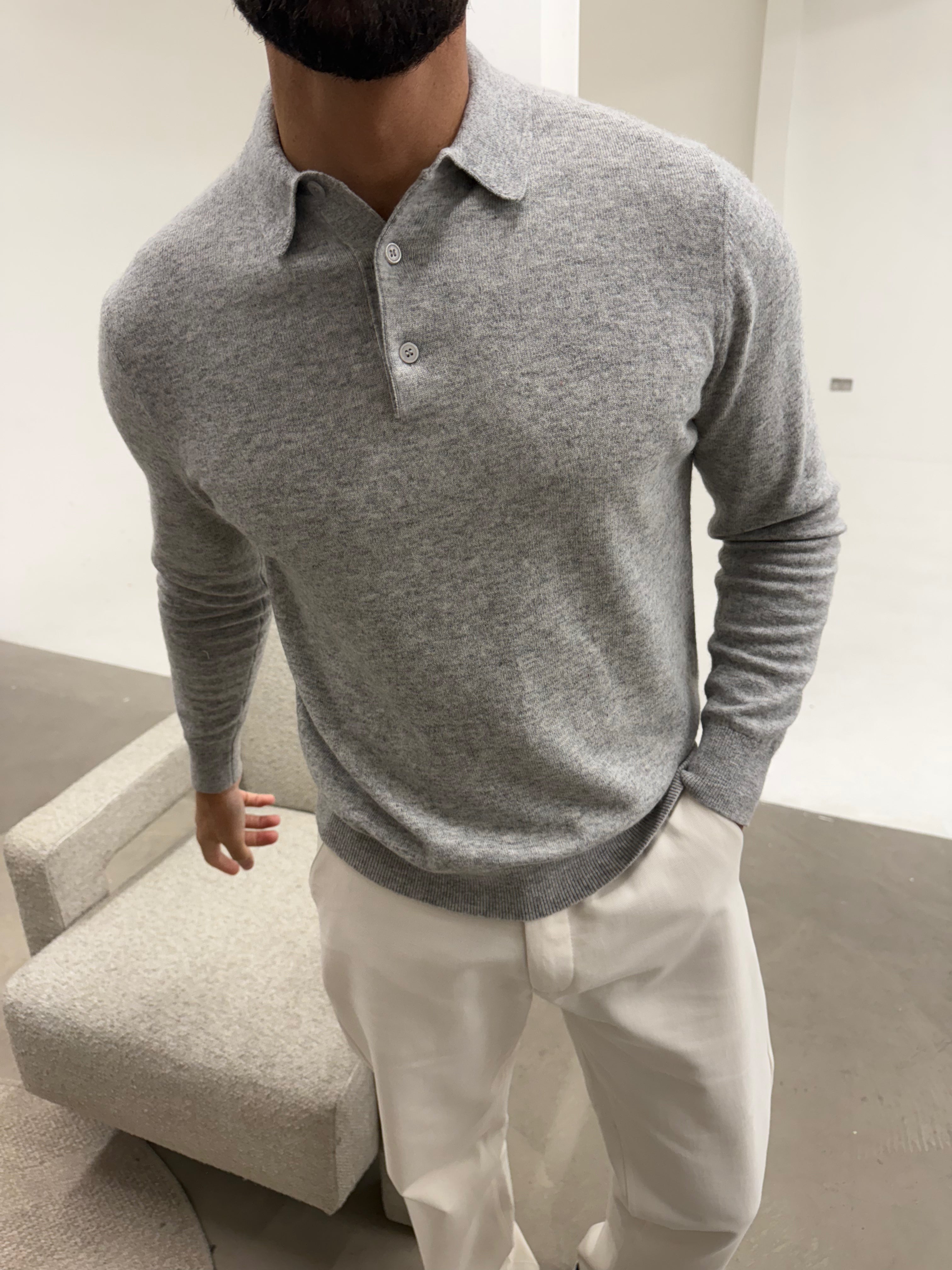 KNIT BUTTON POLO LIGHT GREY