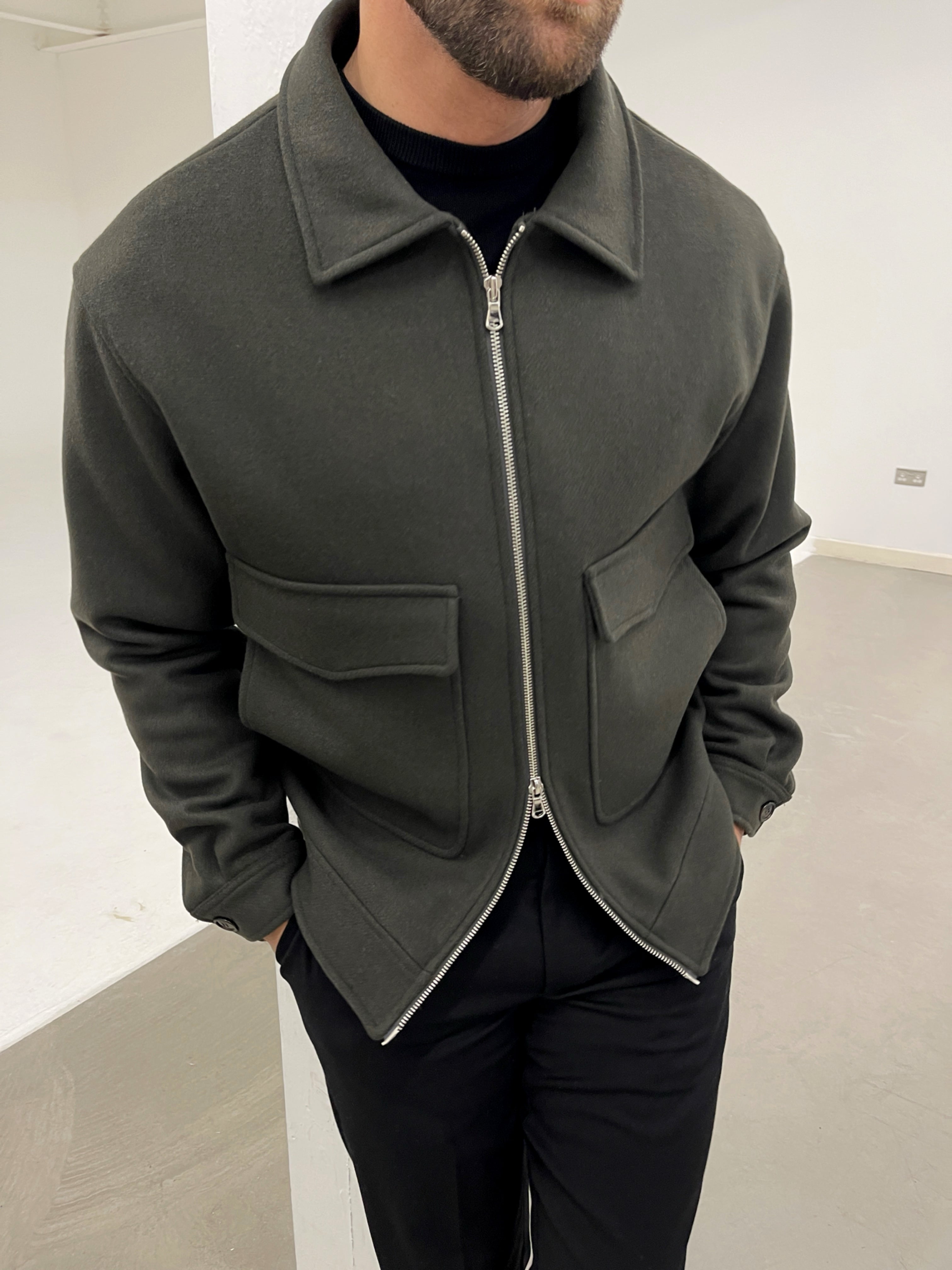 WOOL ZIP JACKET OLIVE