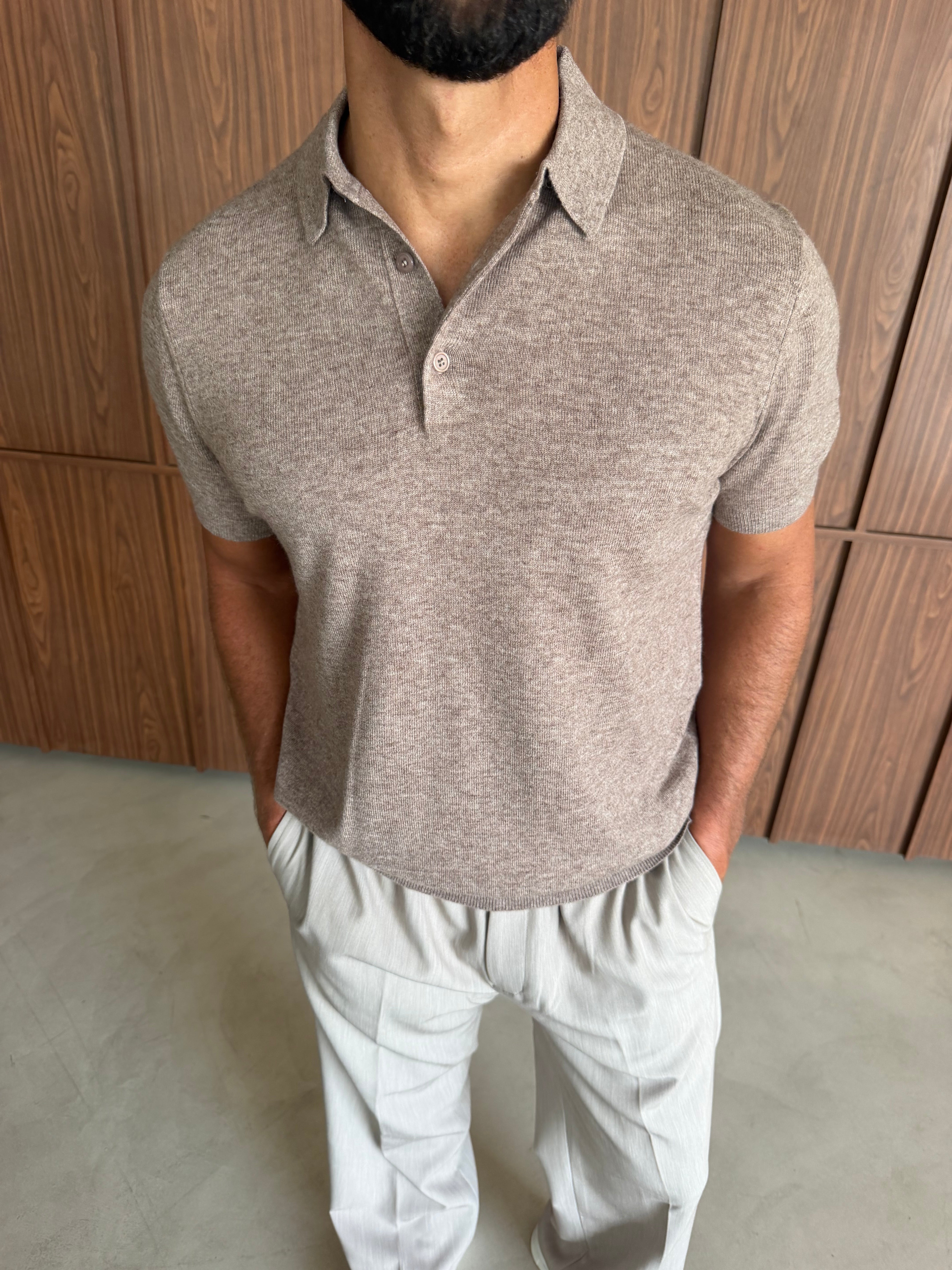 CASHWOOL KNIT POLO FAWN