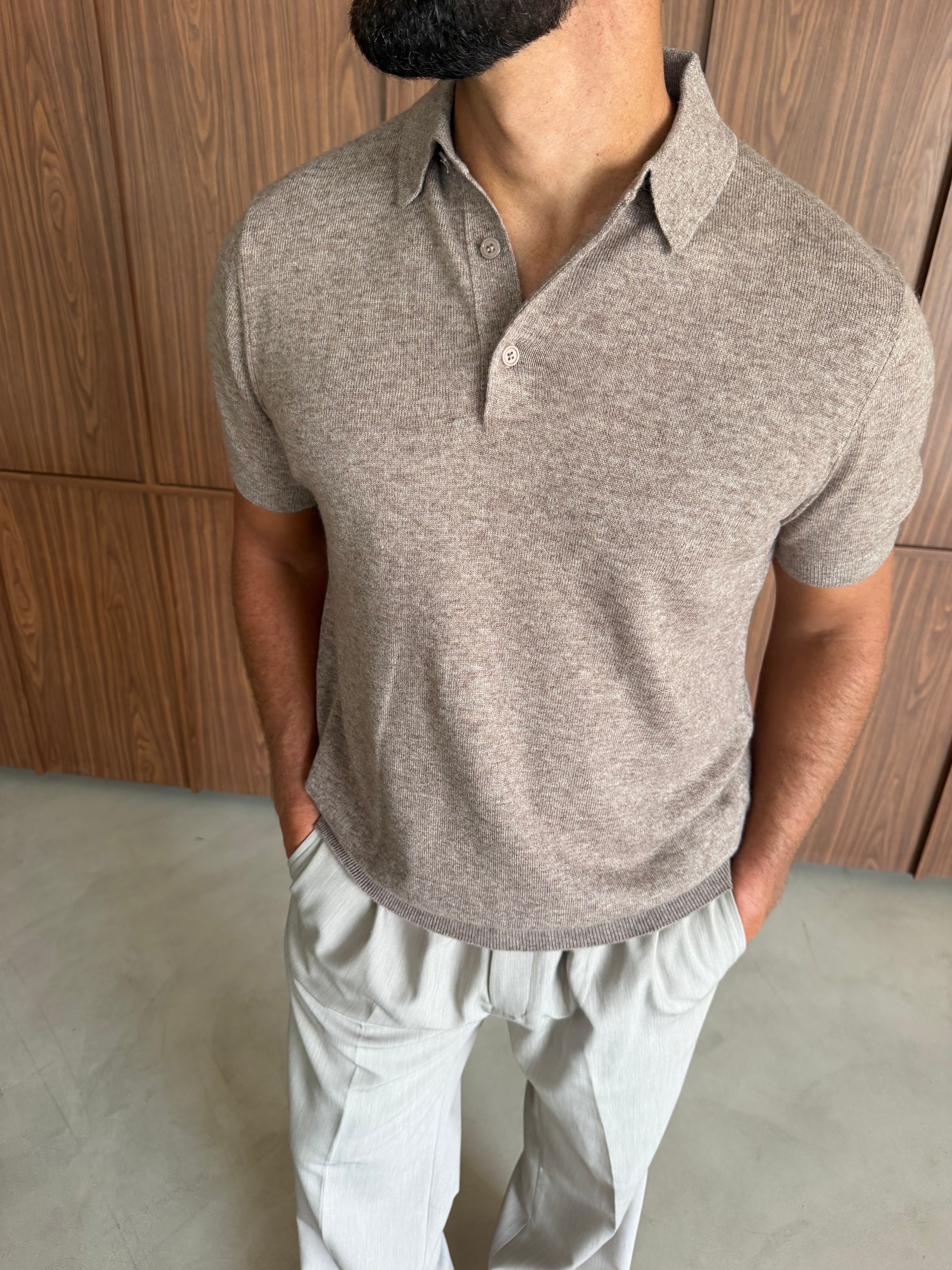 CASHWOOL KNIT POLO FAWN