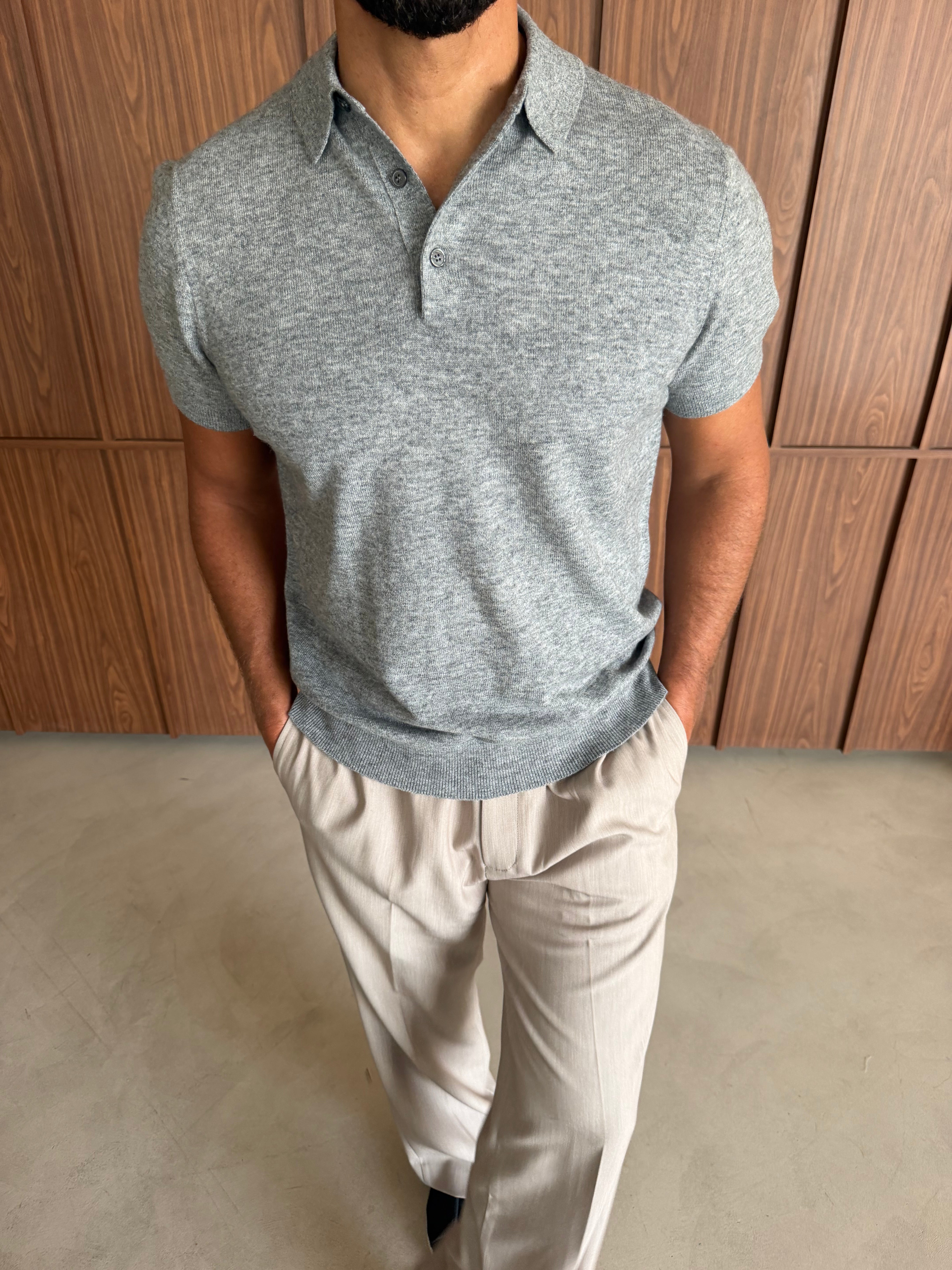 CASHWOOL KNIT POLO MID GREY