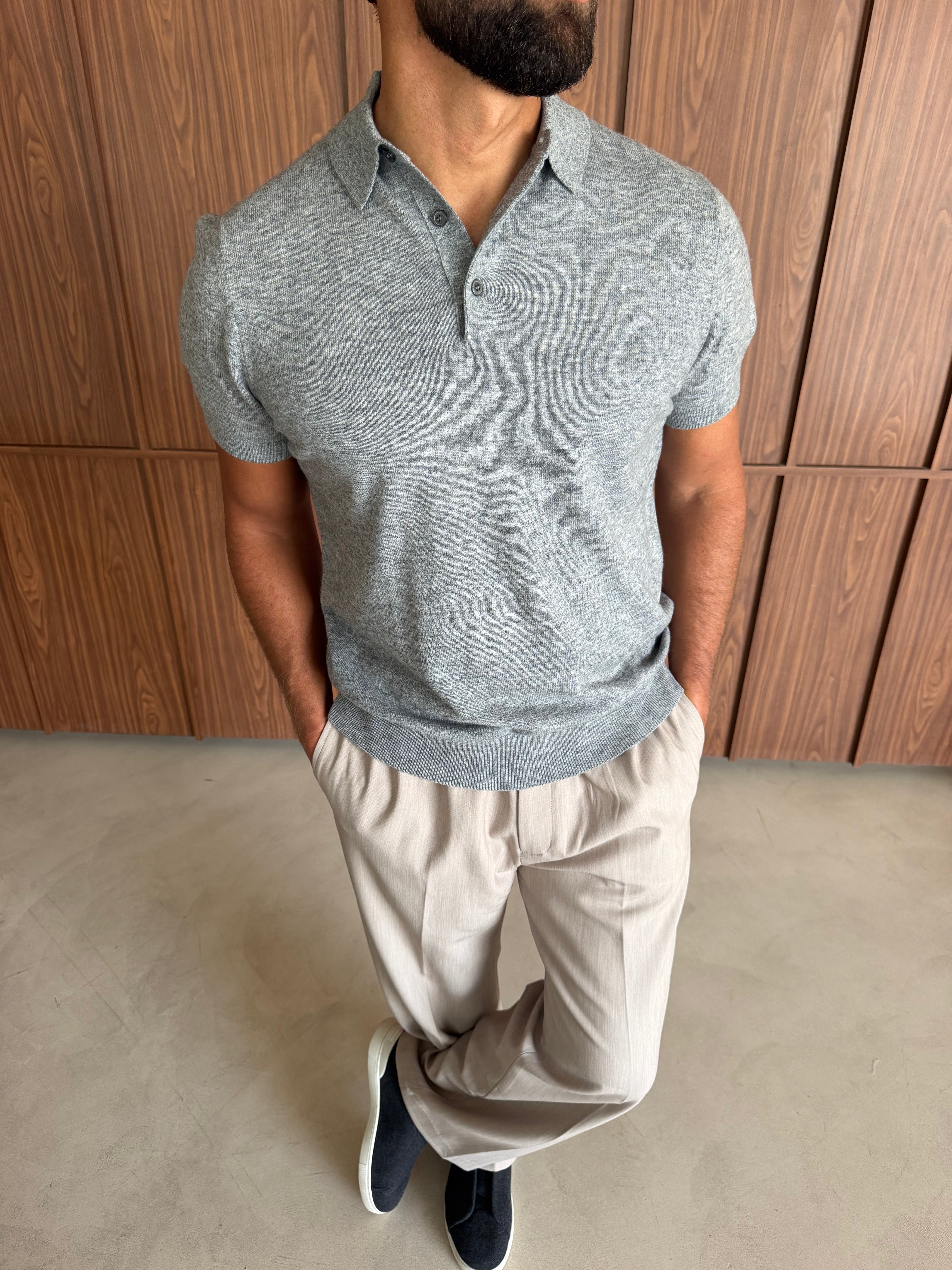 CASHWOOL KNIT POLO MID GREY