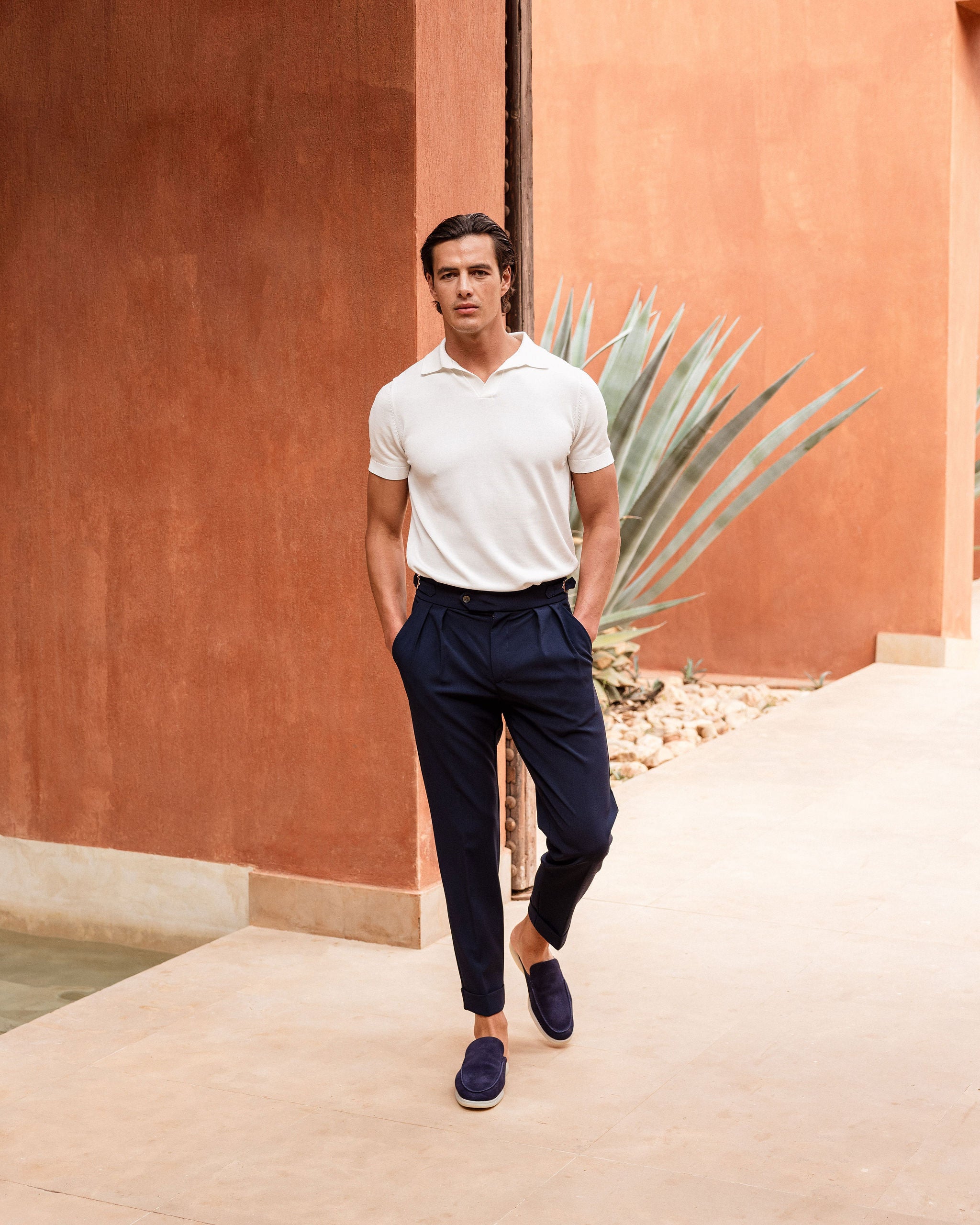 Navy Oxford Pleated Trouser