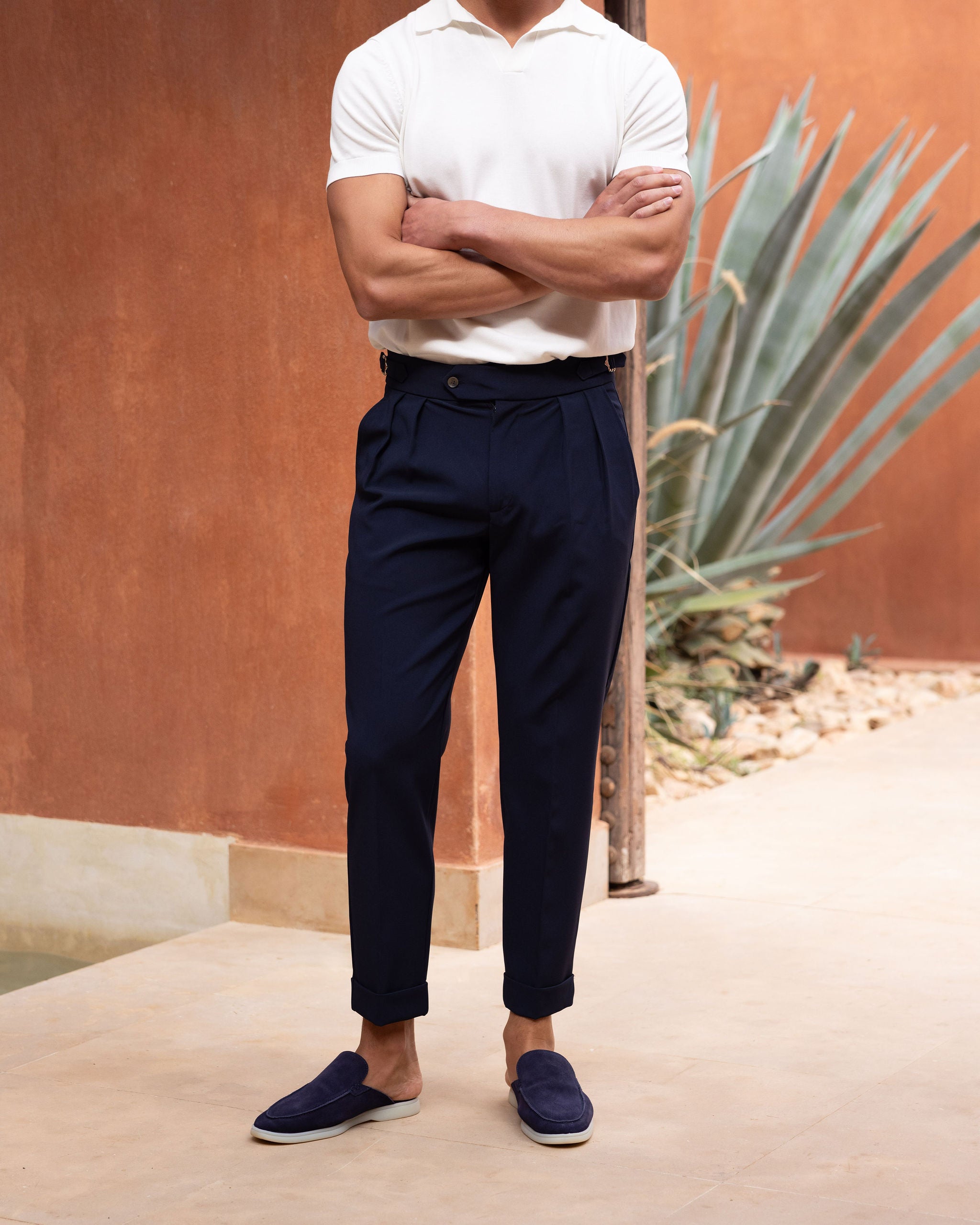Navy Oxford Pleated Trouser