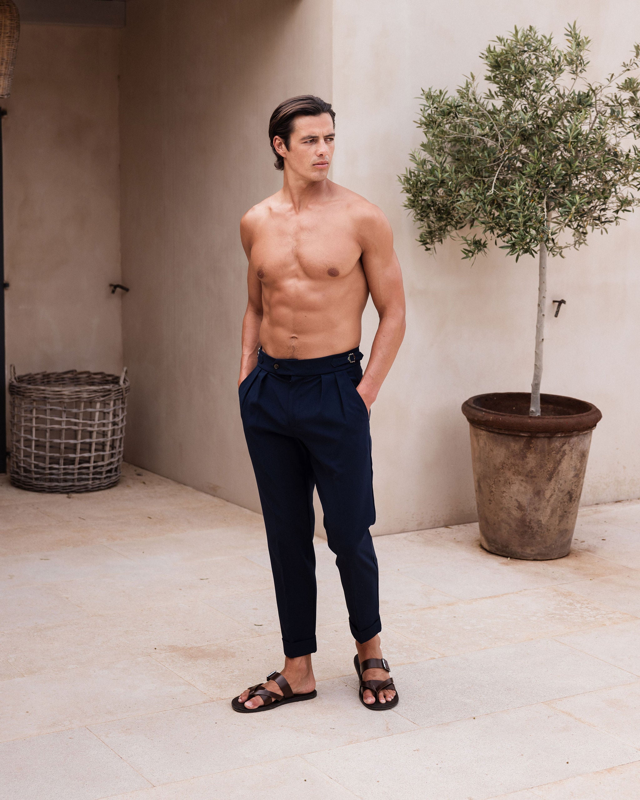 Navy Oxford Pleated Trouser