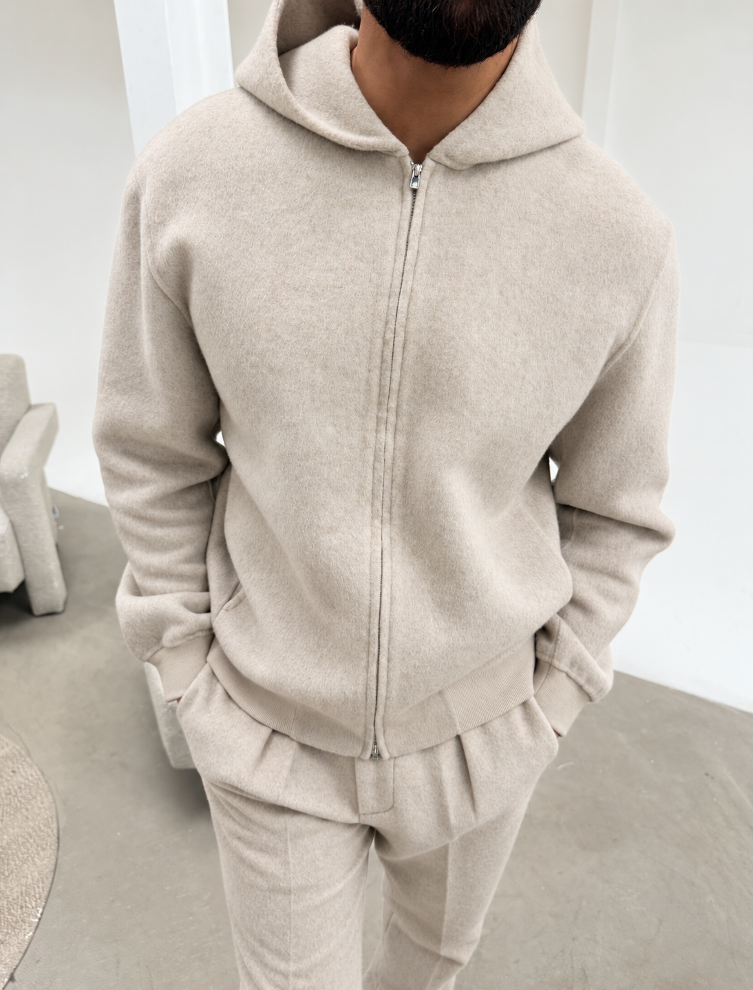 WOOL ZIP HOODIE STONE