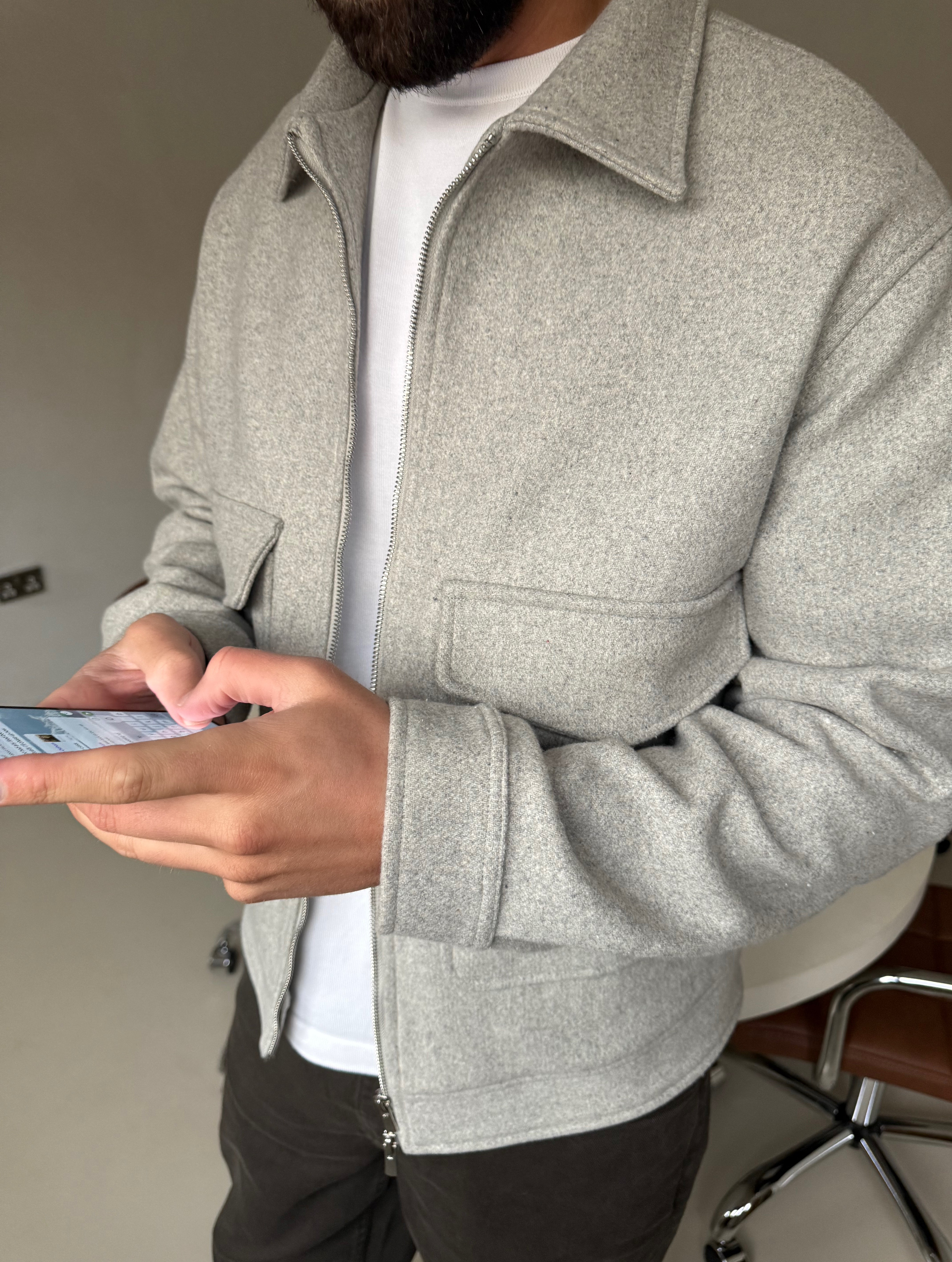 WOOL ZIP BLOUSON JACKET GREY