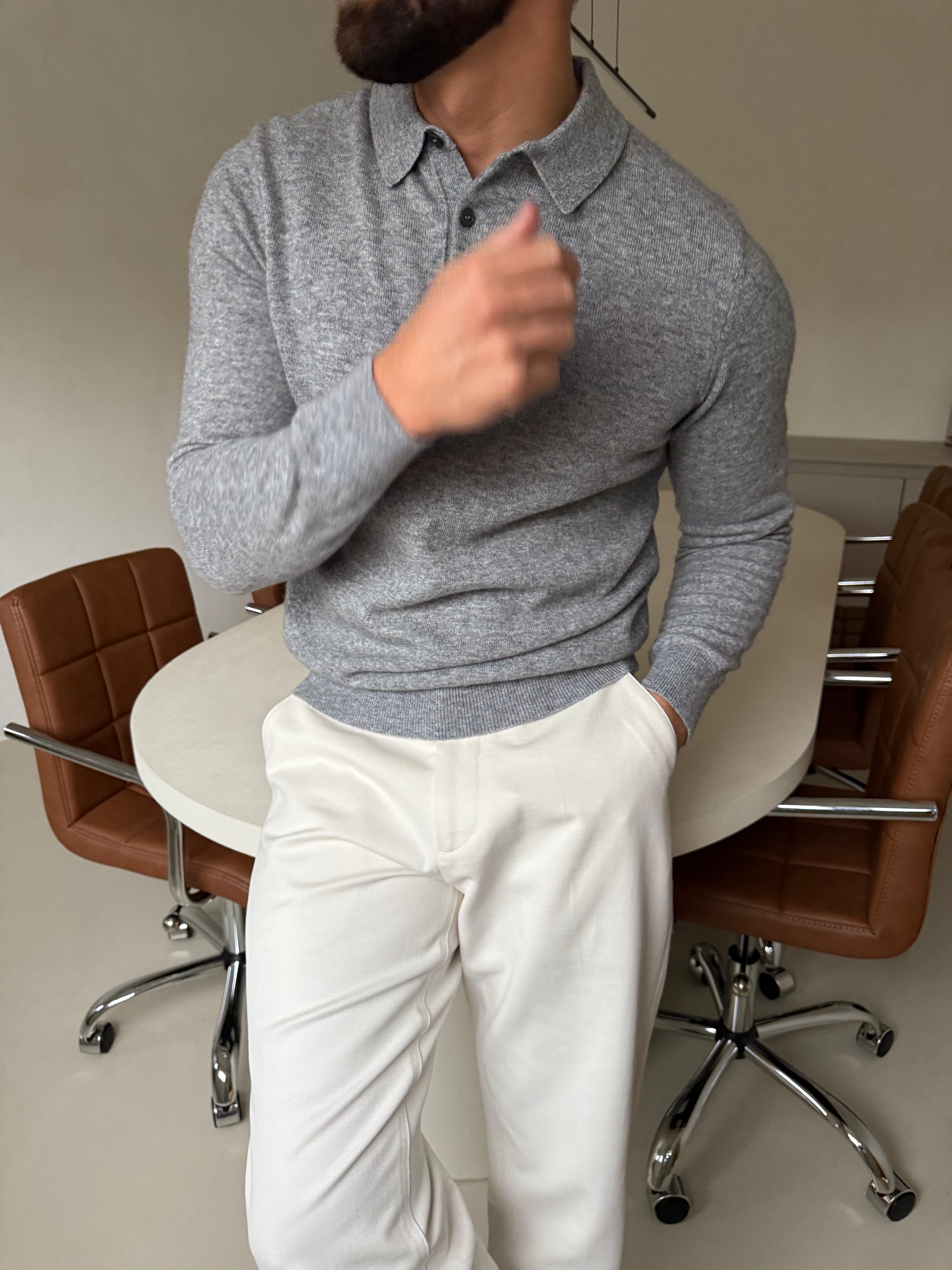 KNIT BUTTON POLO GREY