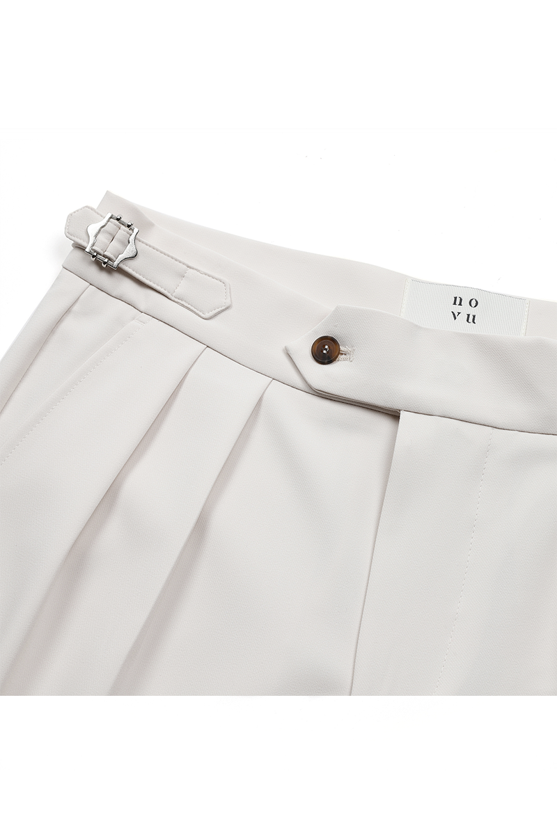 Beige Oxford Pleated Shorts
