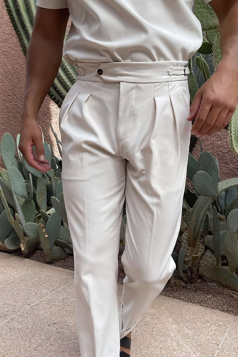 Beige Oxford Pleated Trouser