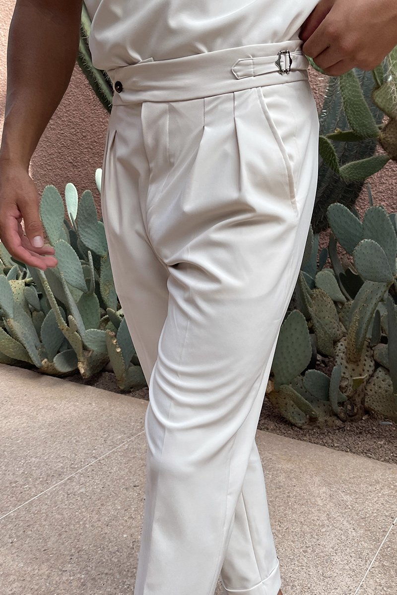 Beige Oxford Pleated Trouser