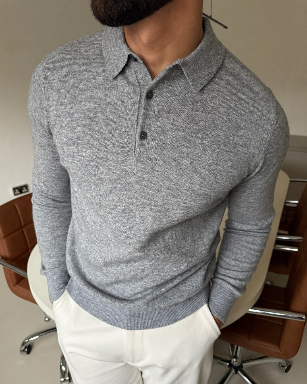 KNIT BUTTON POLO GREY