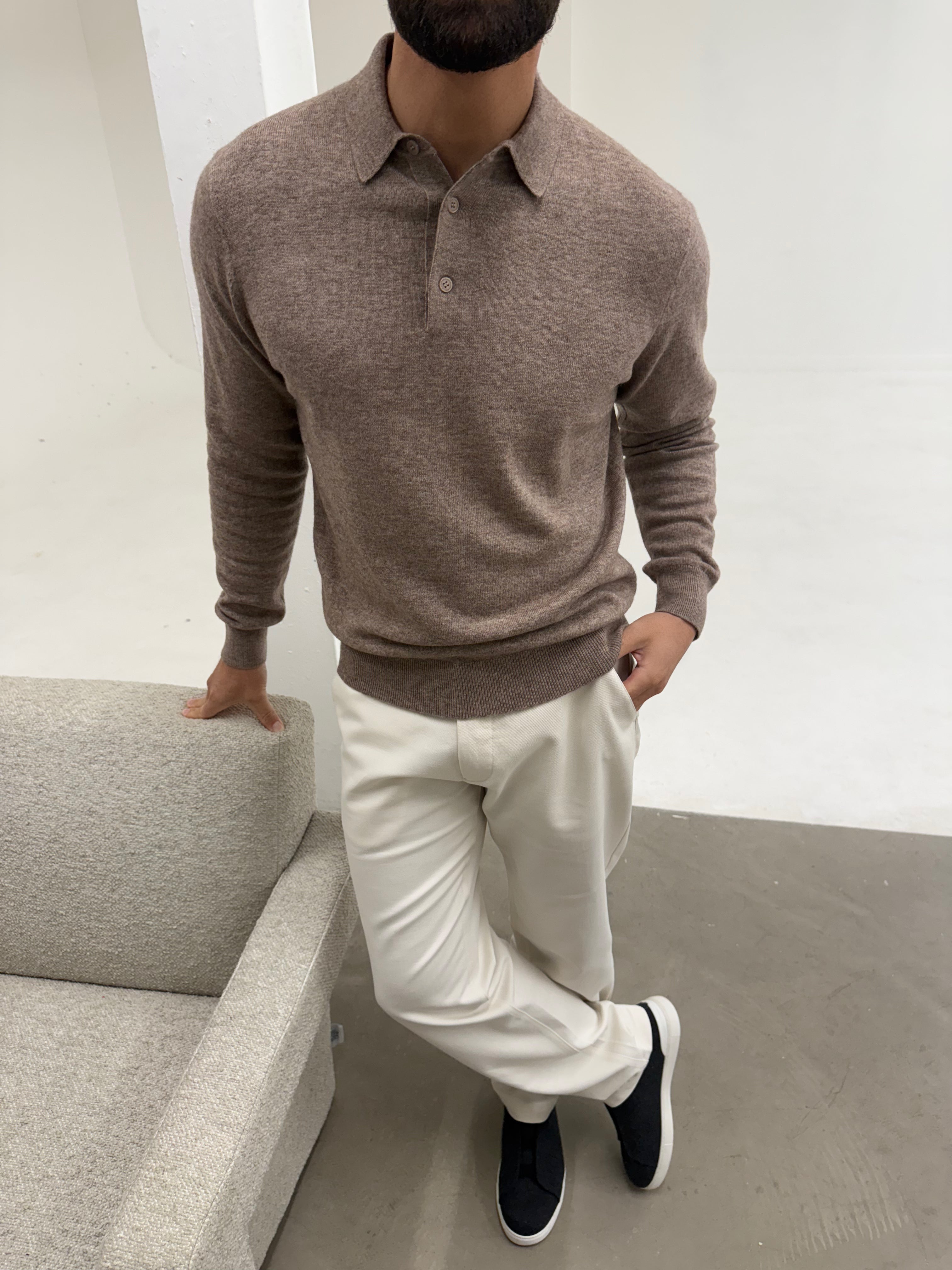 KNIT BUTTON POLO SMOKED FAWN