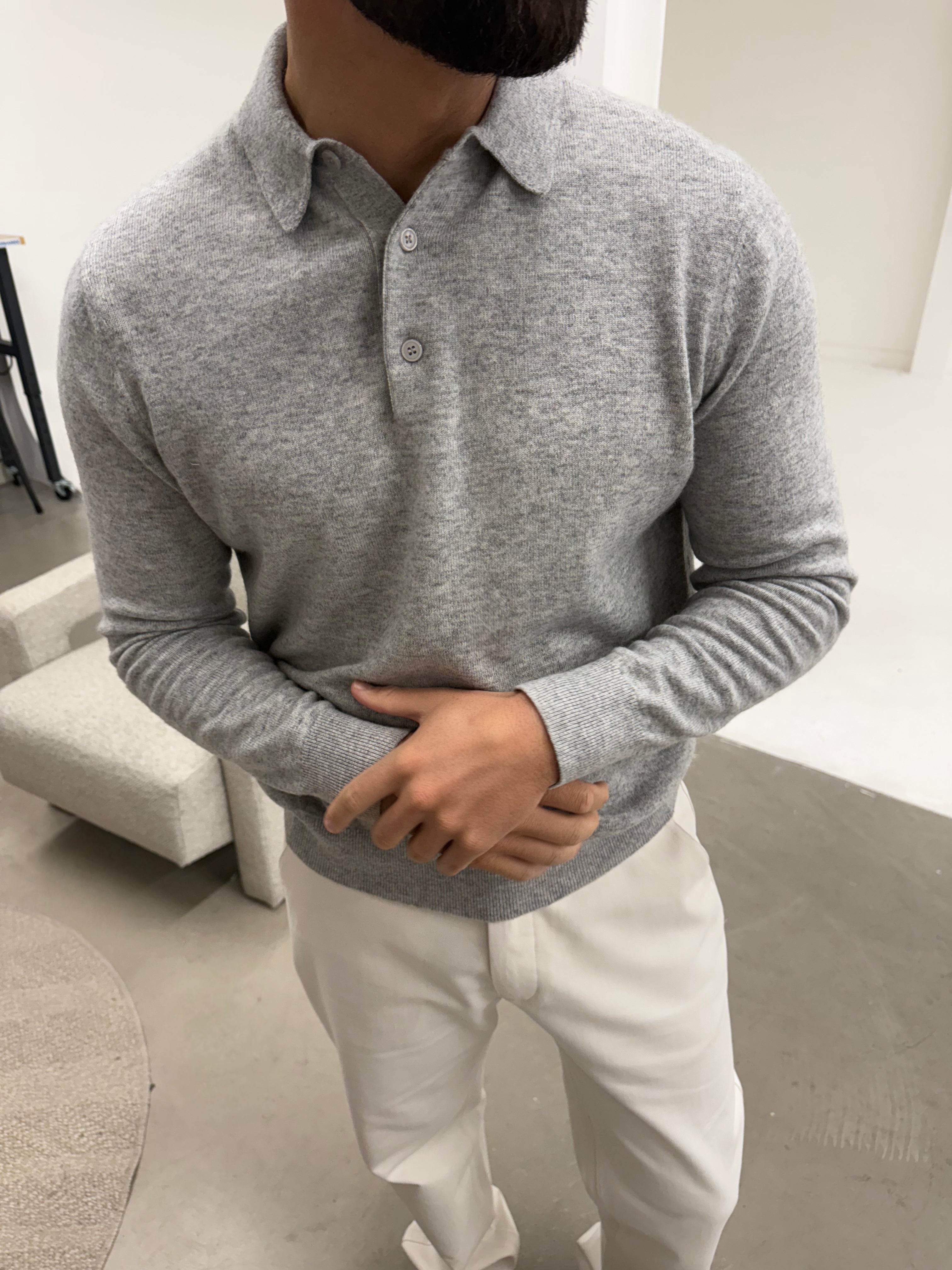 KNIT BUTTON POLO LIGHT GREY