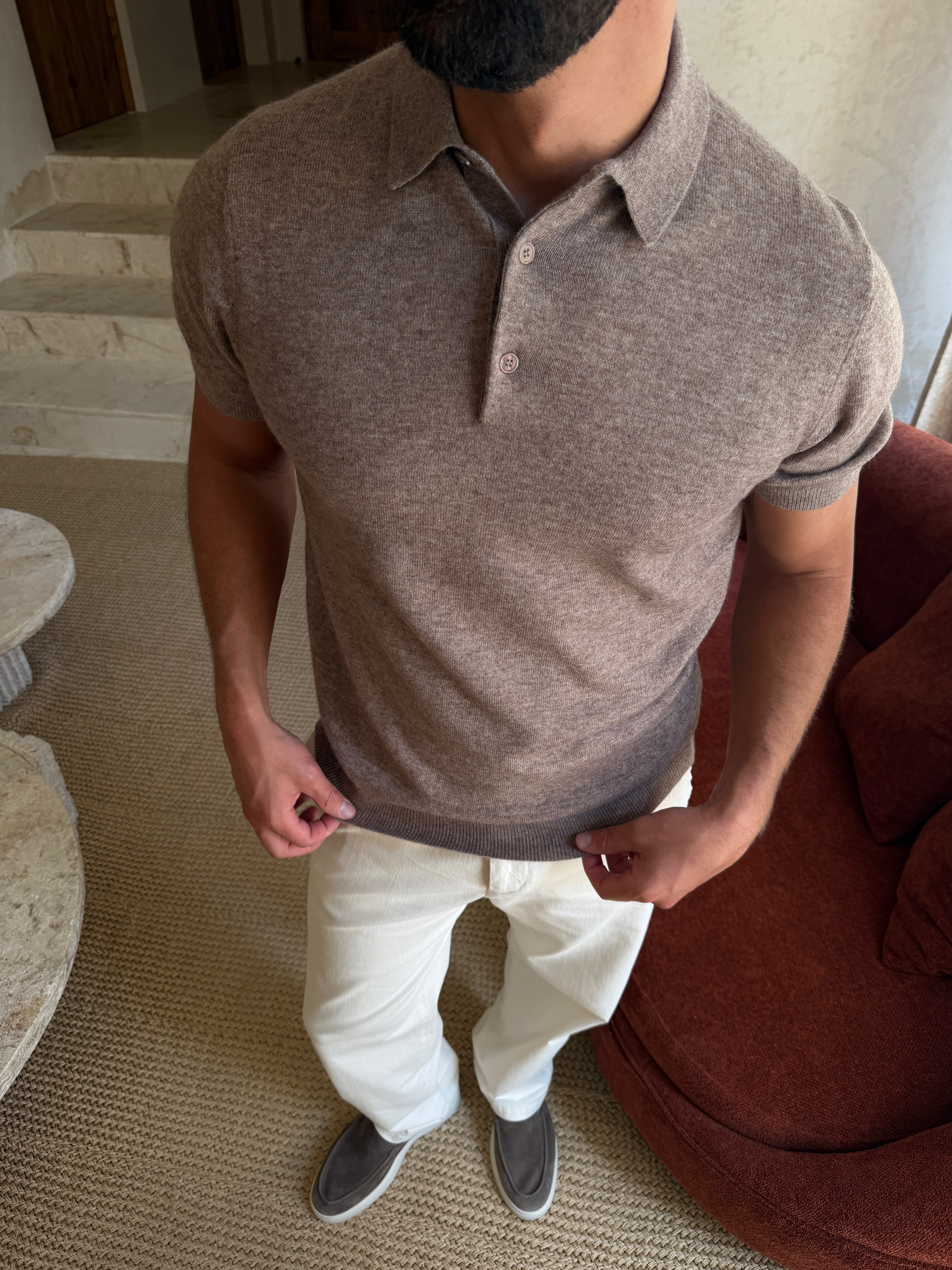 KNIT POLO SS SMOKED FAWN