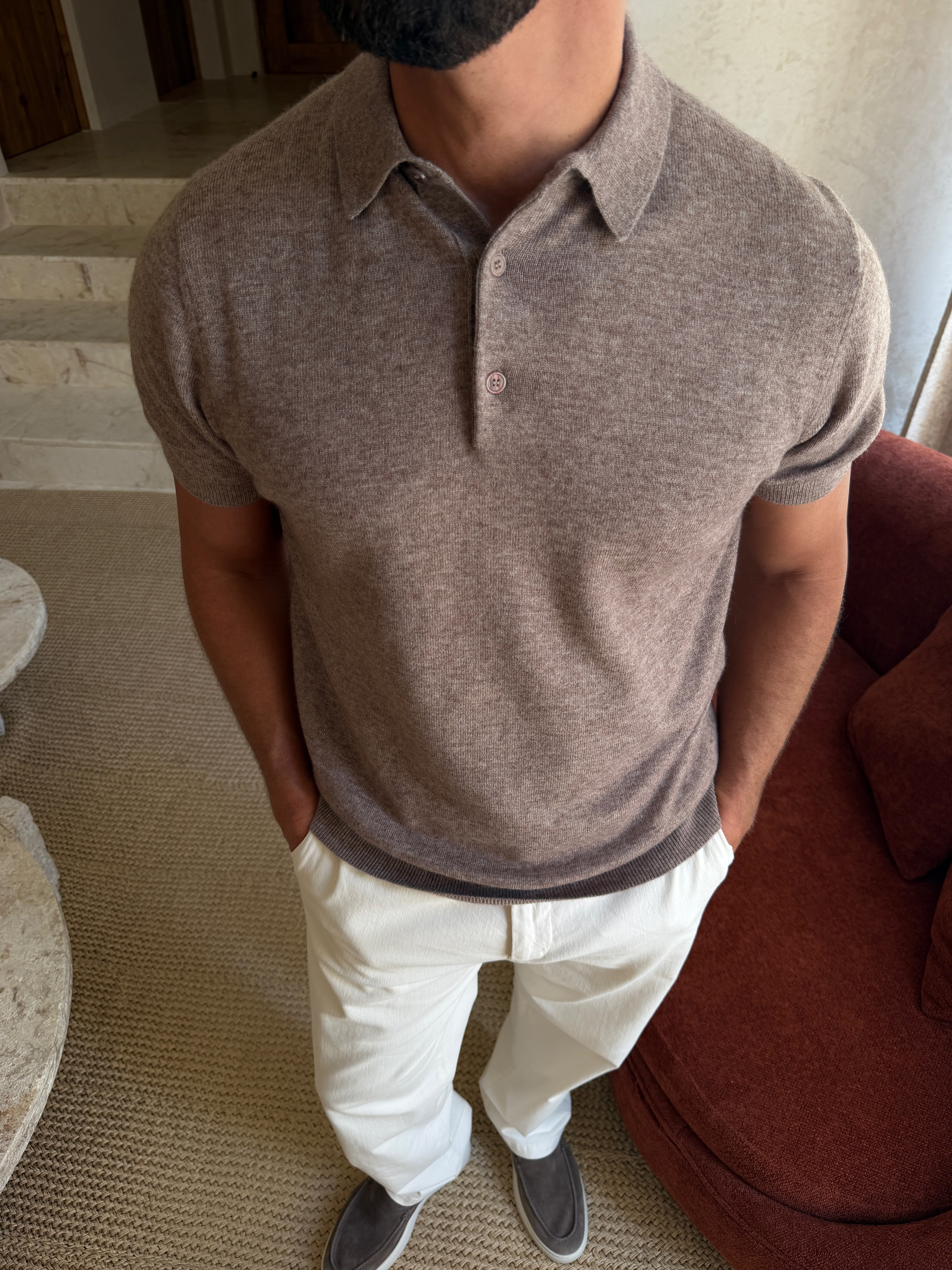 KNIT POLO SS SMOKED FAWN