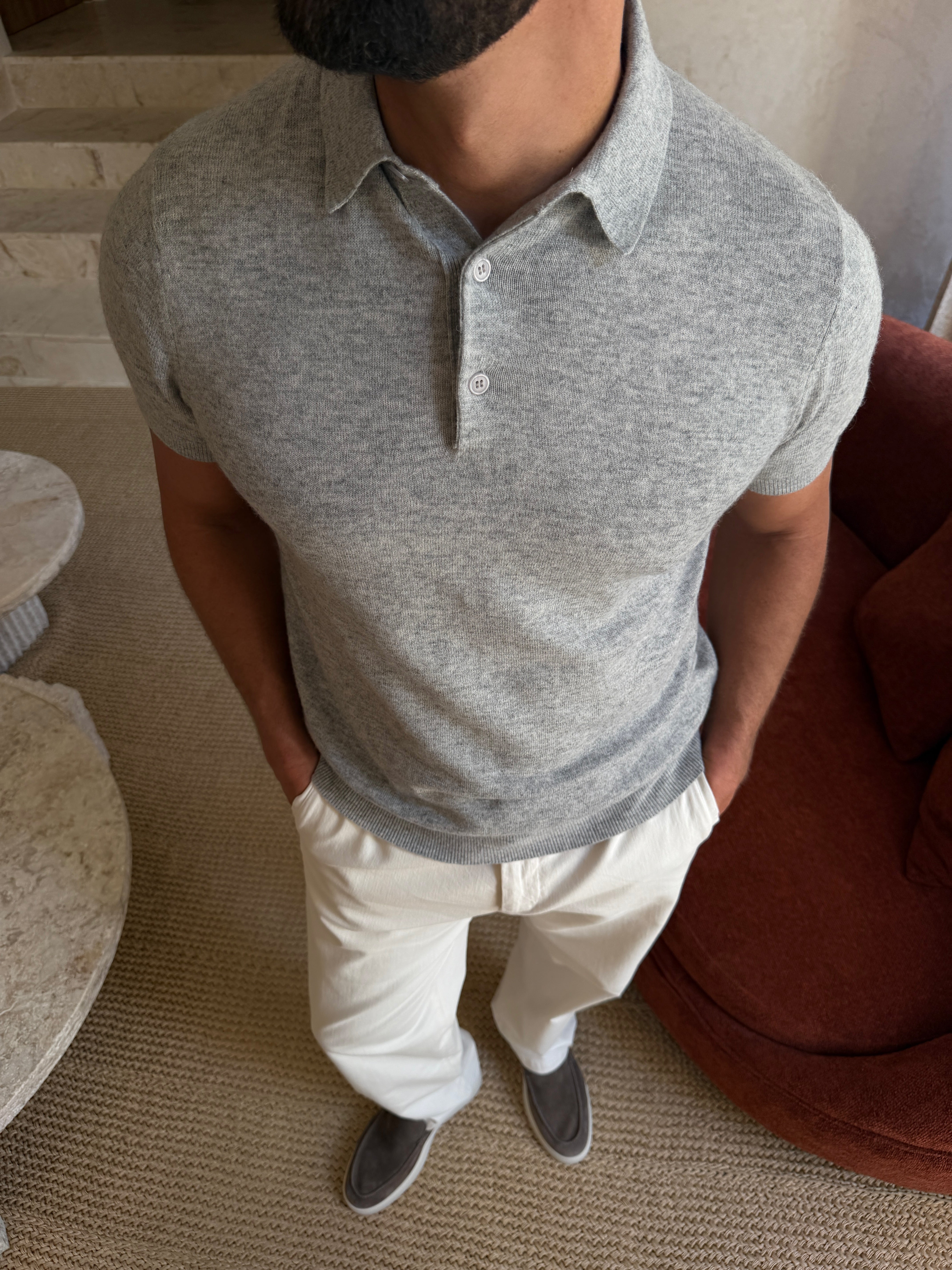KNIT POLO SS LIGHT GREY