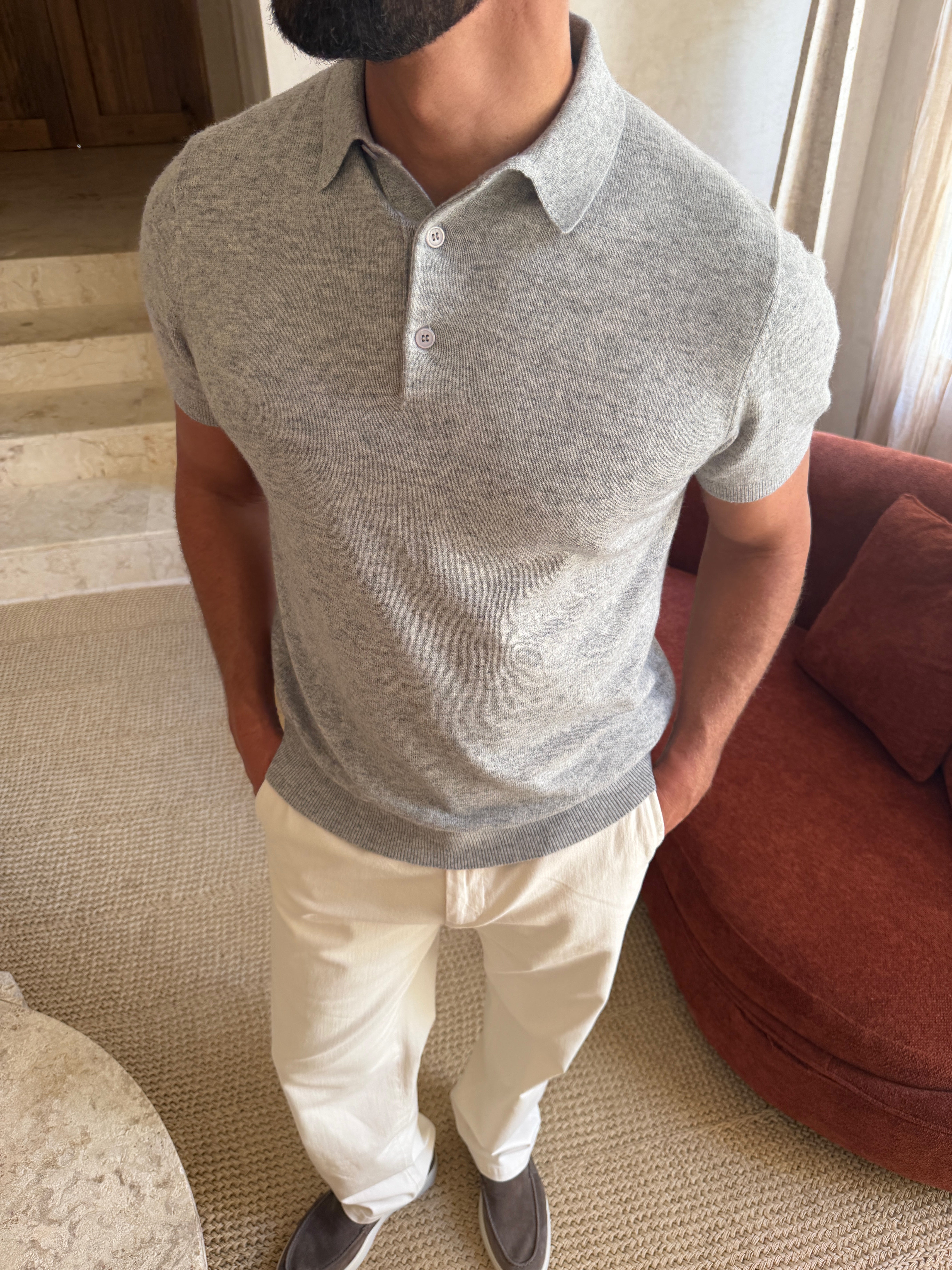 KNIT POLO SS LIGHT GREY