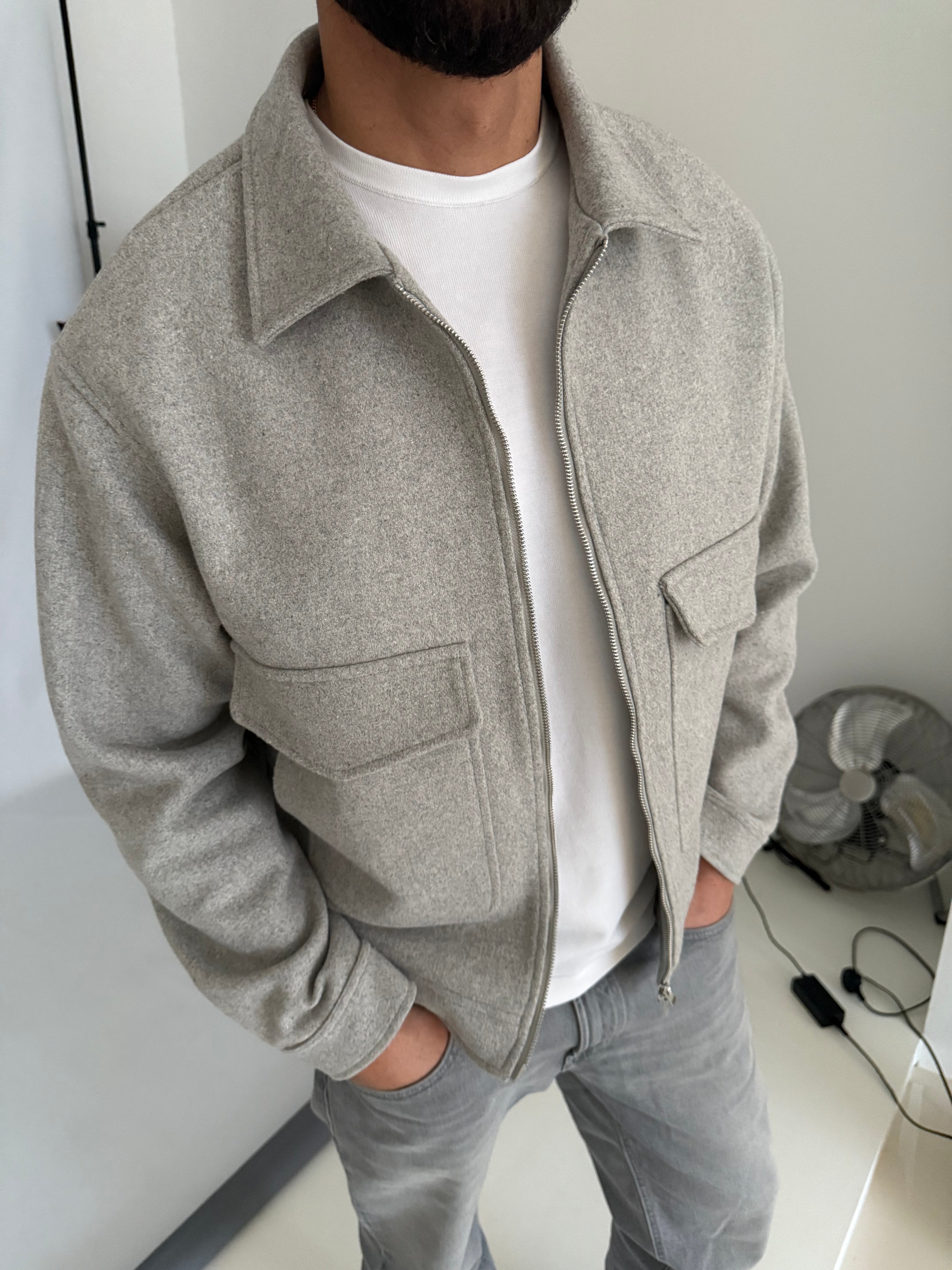 WOOL ZIP BLOUSON JACKET GREY