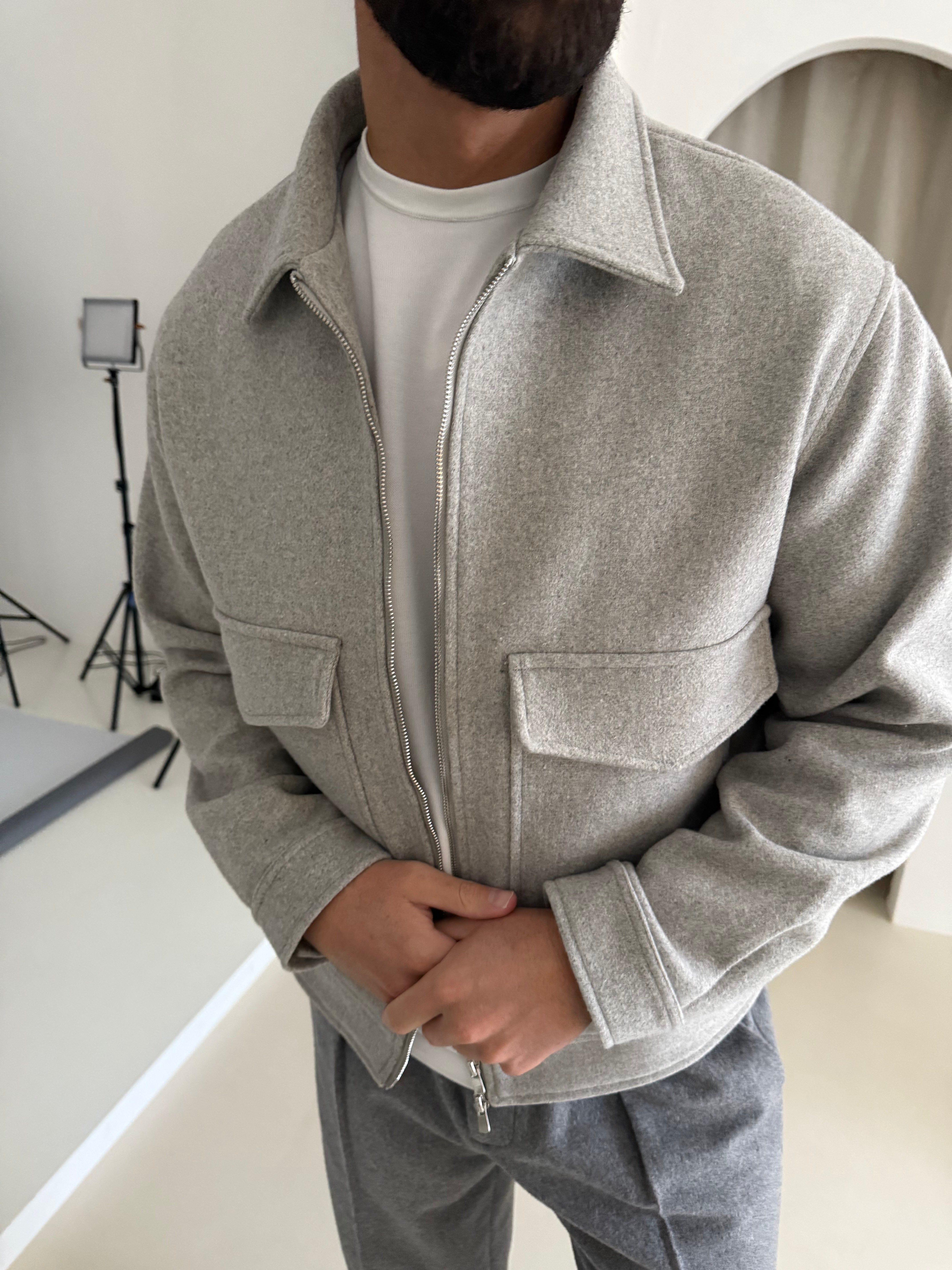 WOOL ZIP BLOUSON JACKET GREY