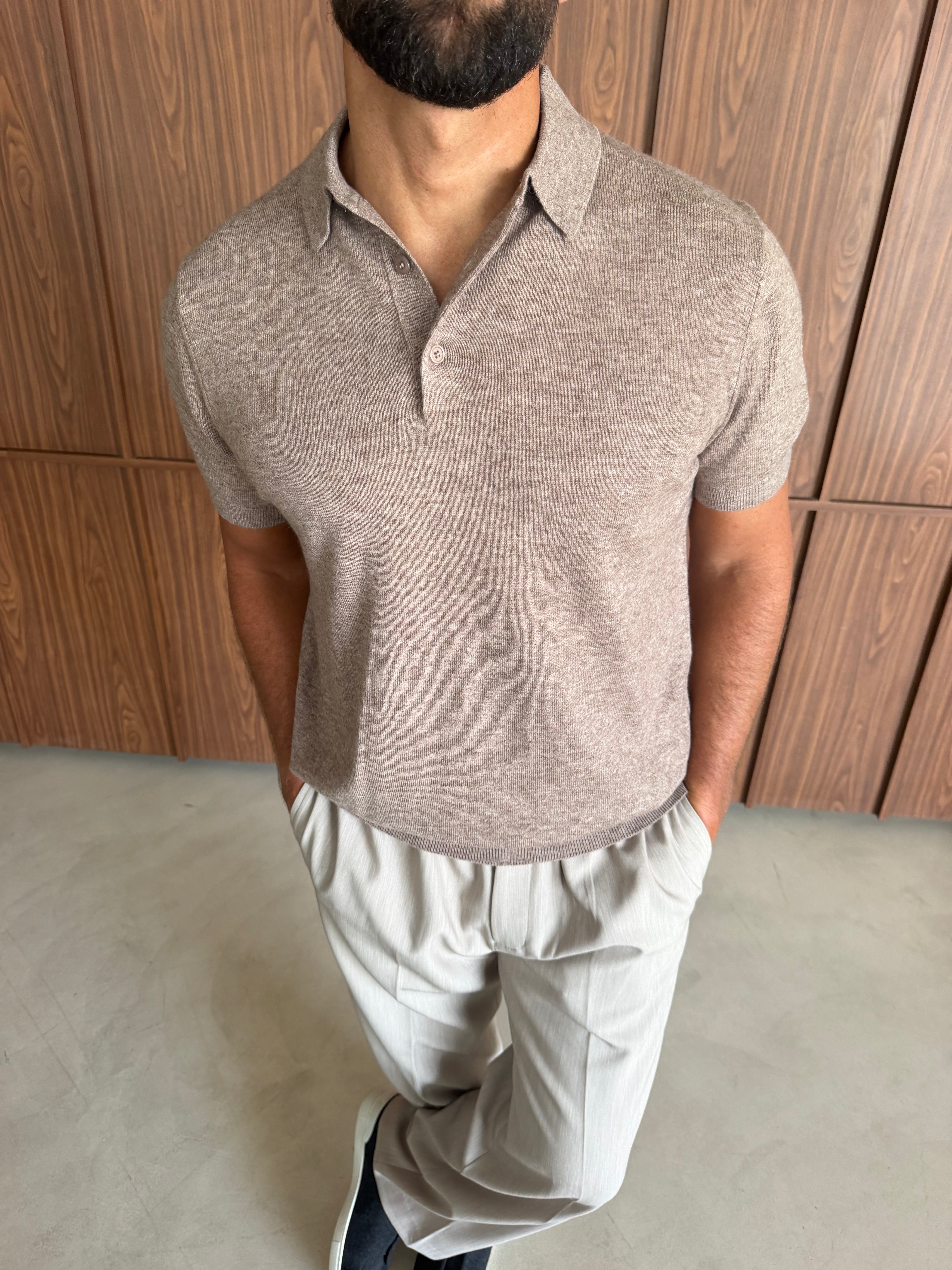 CASHWOOL KNIT POLO FAWN