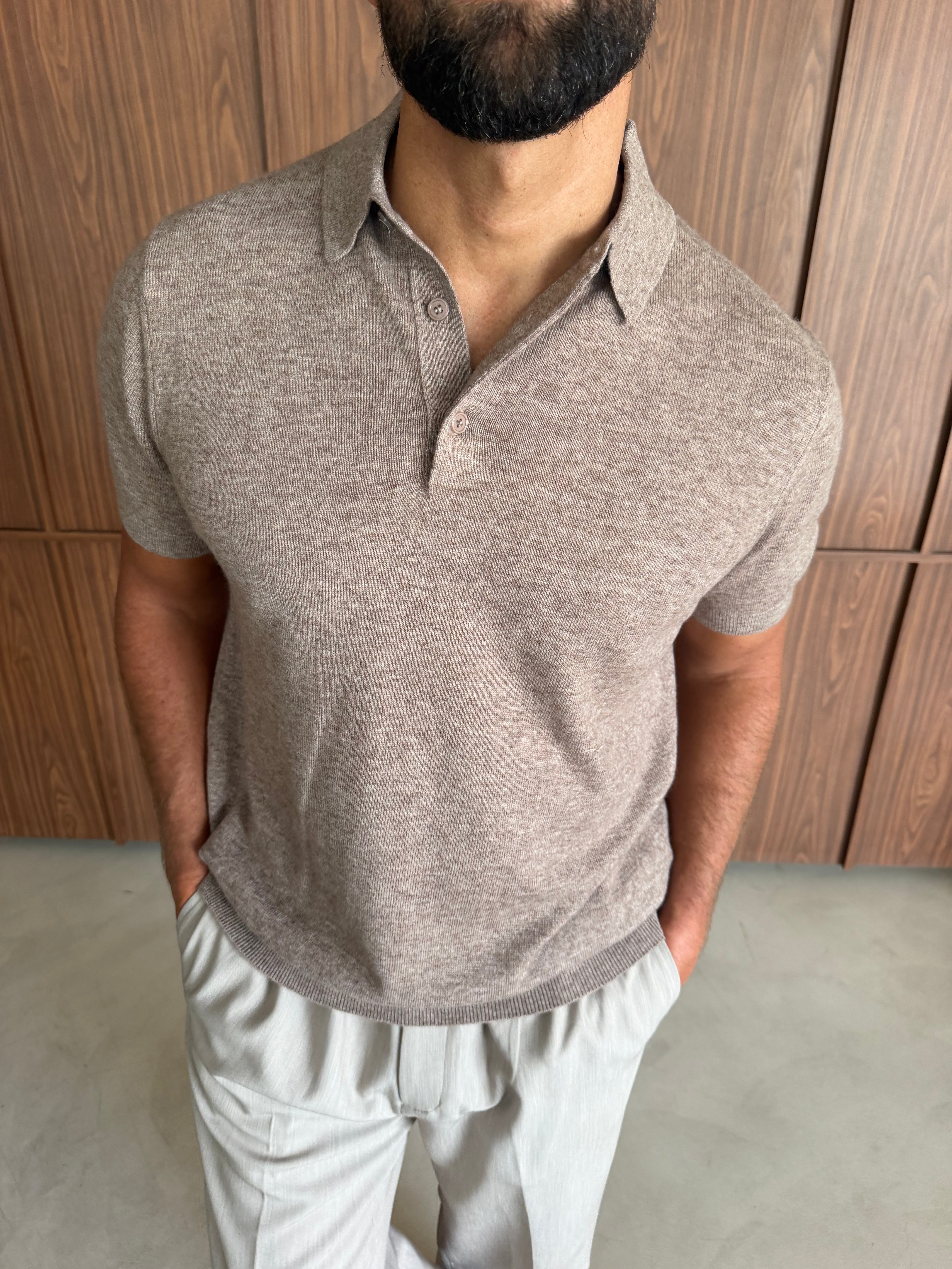 CASHWOOL KNIT POLO FAWN