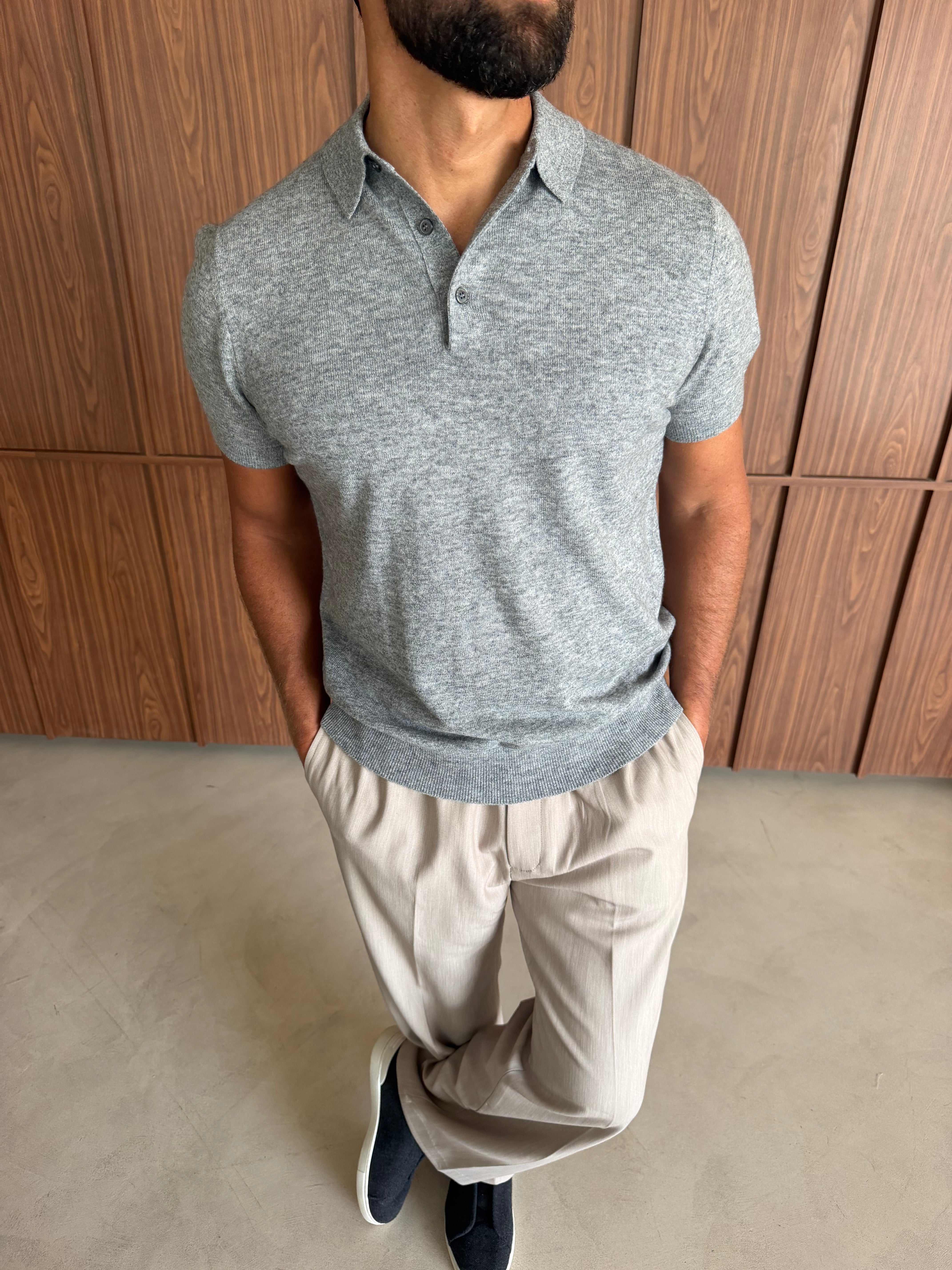 CASHWOOL KNIT POLO MID GREY