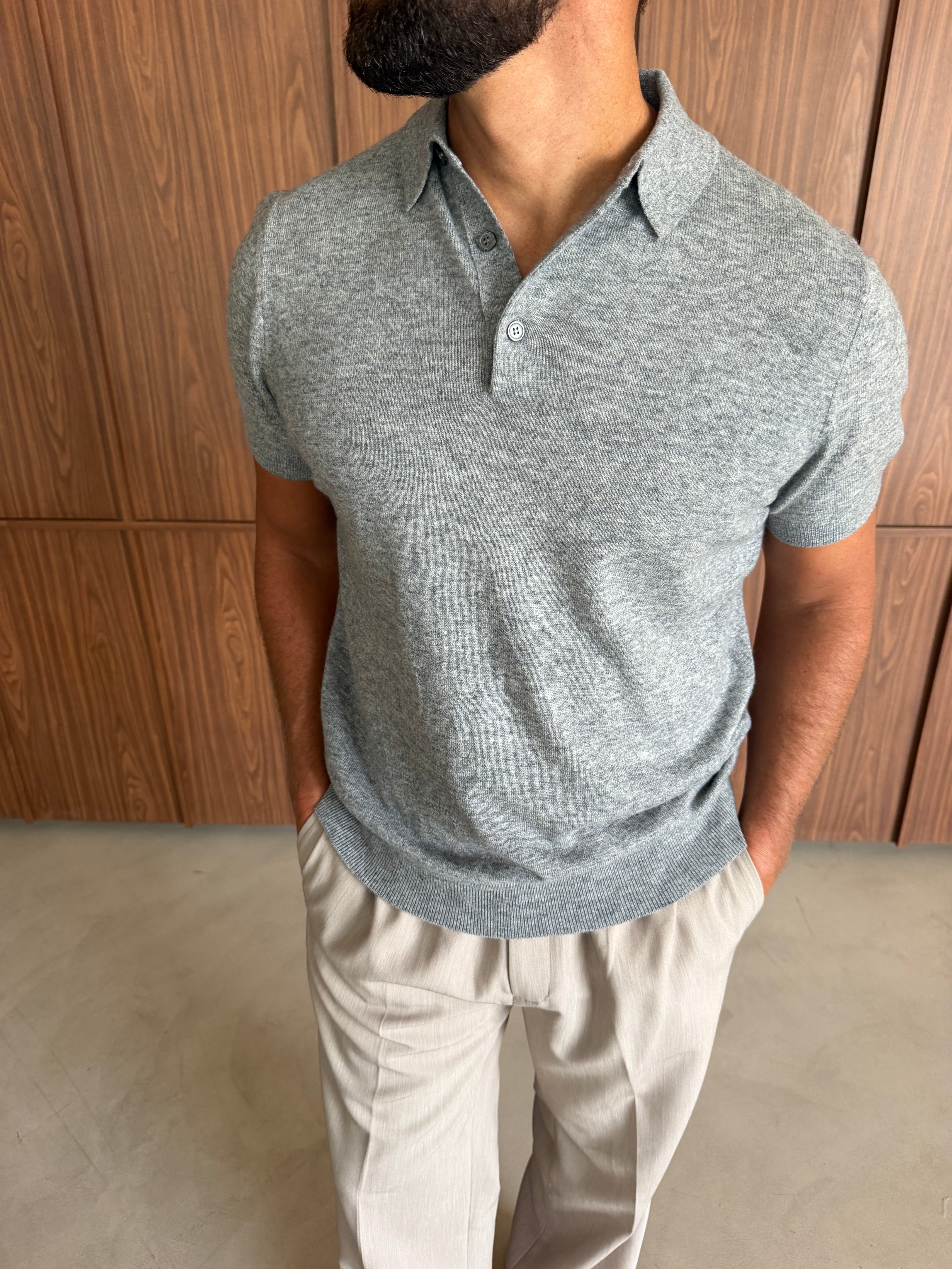 CASHWOOL KNIT POLO MID GREY