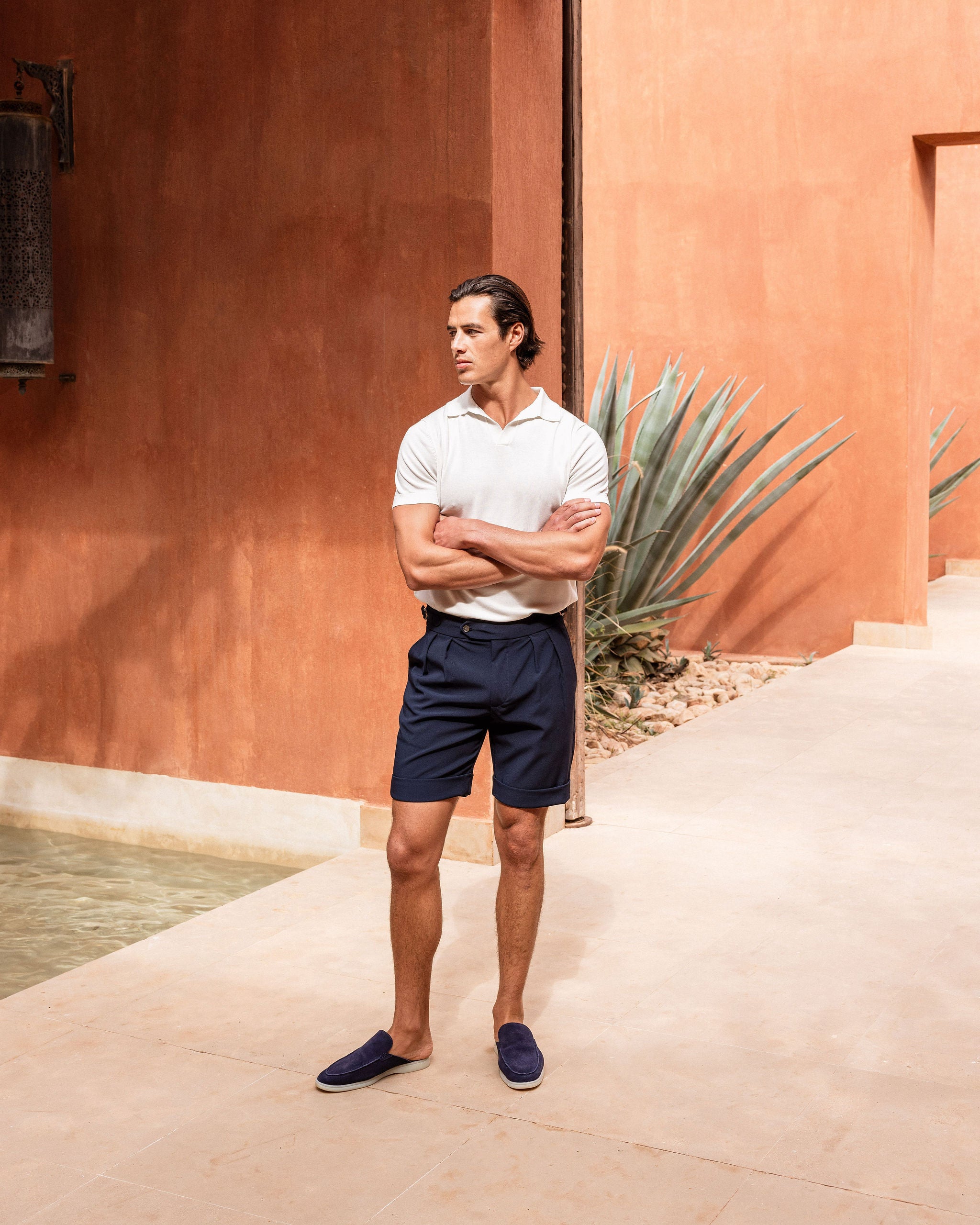 Navy Oxford Pleated Shorts