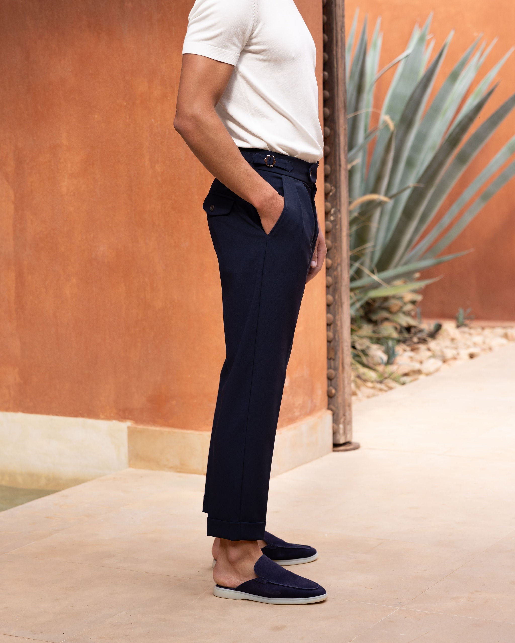 Navy Oxford Pleated Trouser