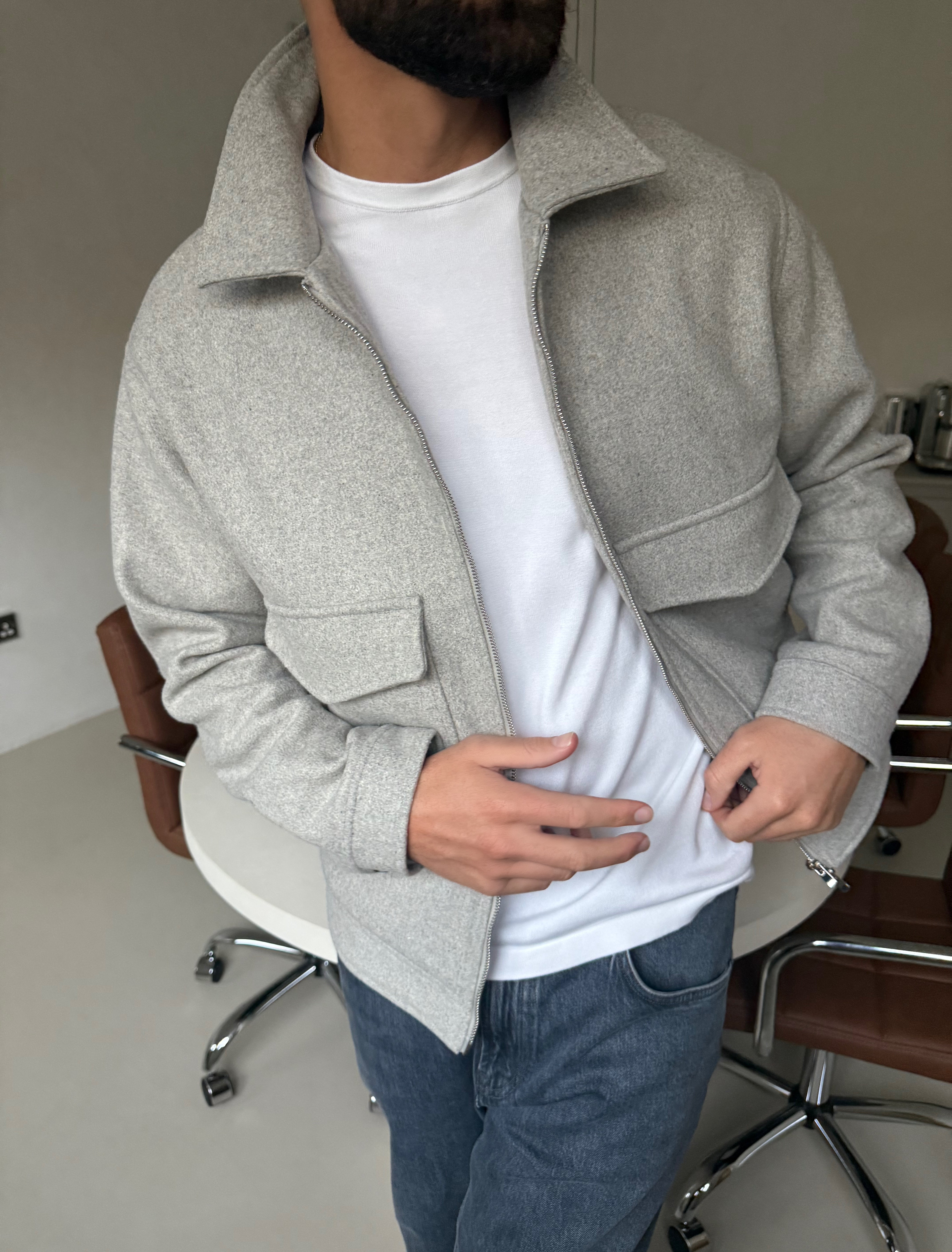 WOOL ZIP BLOUSON JACKET GREY