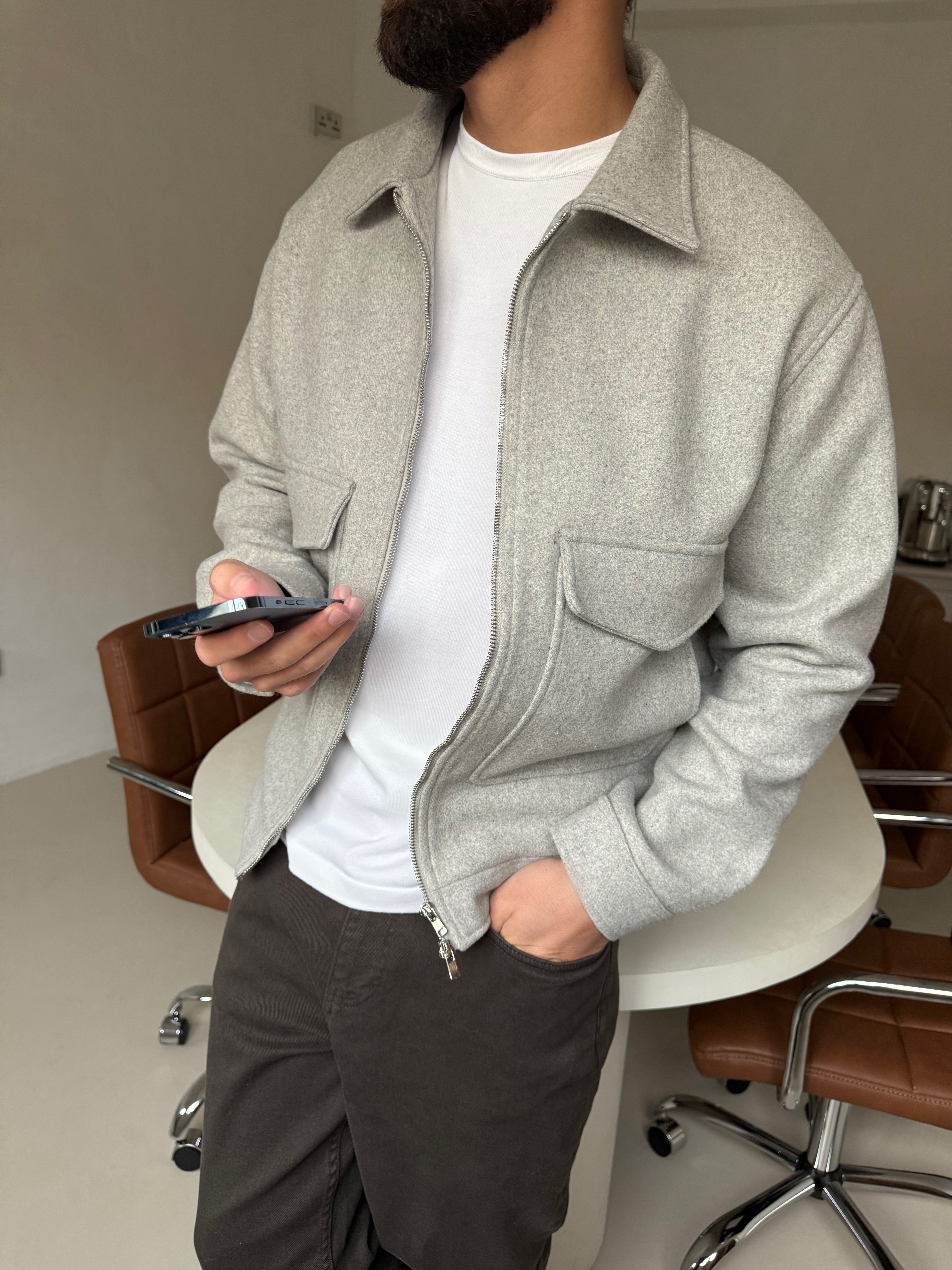 WOOL ZIP BLOUSON JACKET GREY