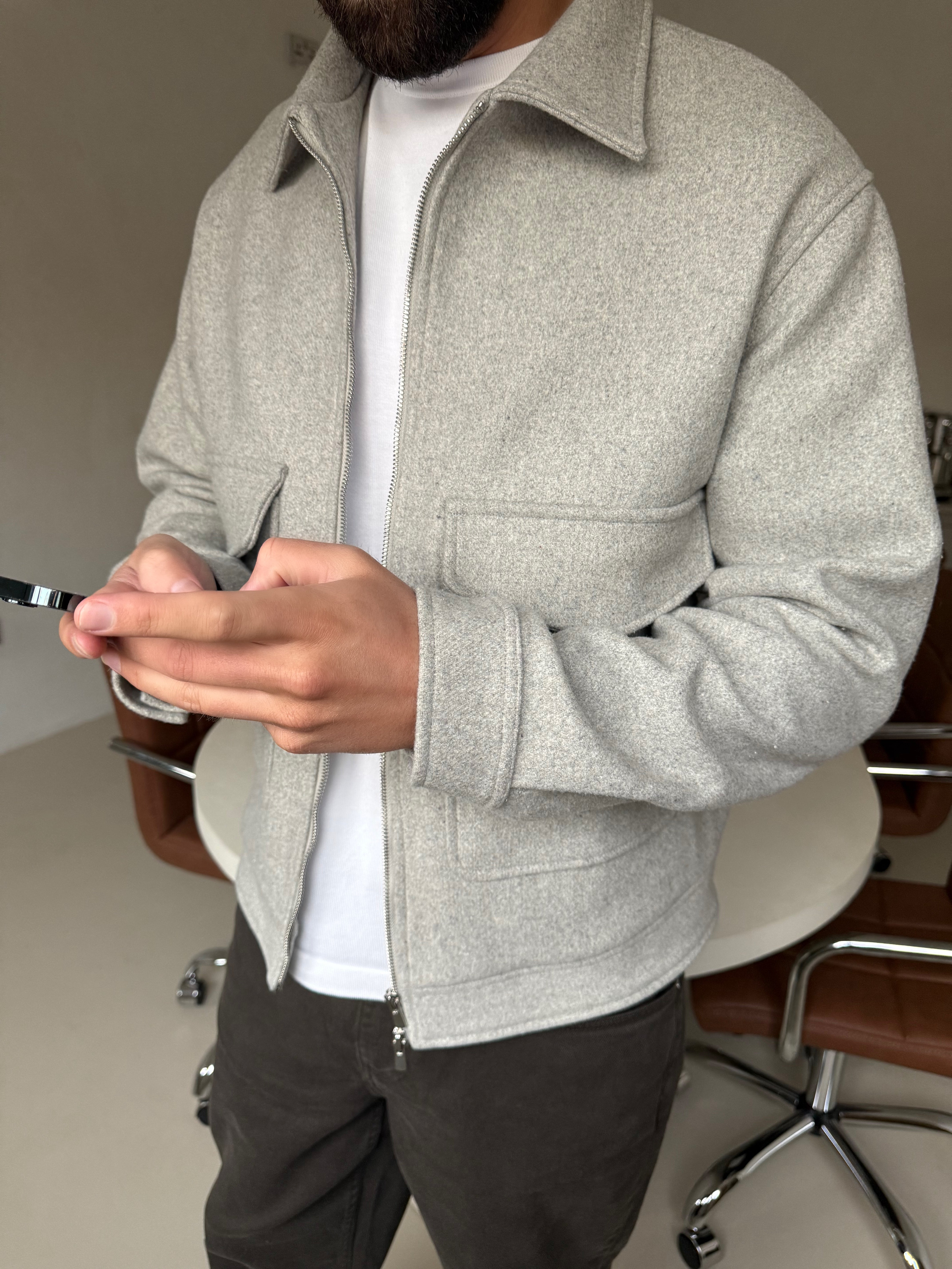 WOOL ZIP BLOUSON JACKET GREY